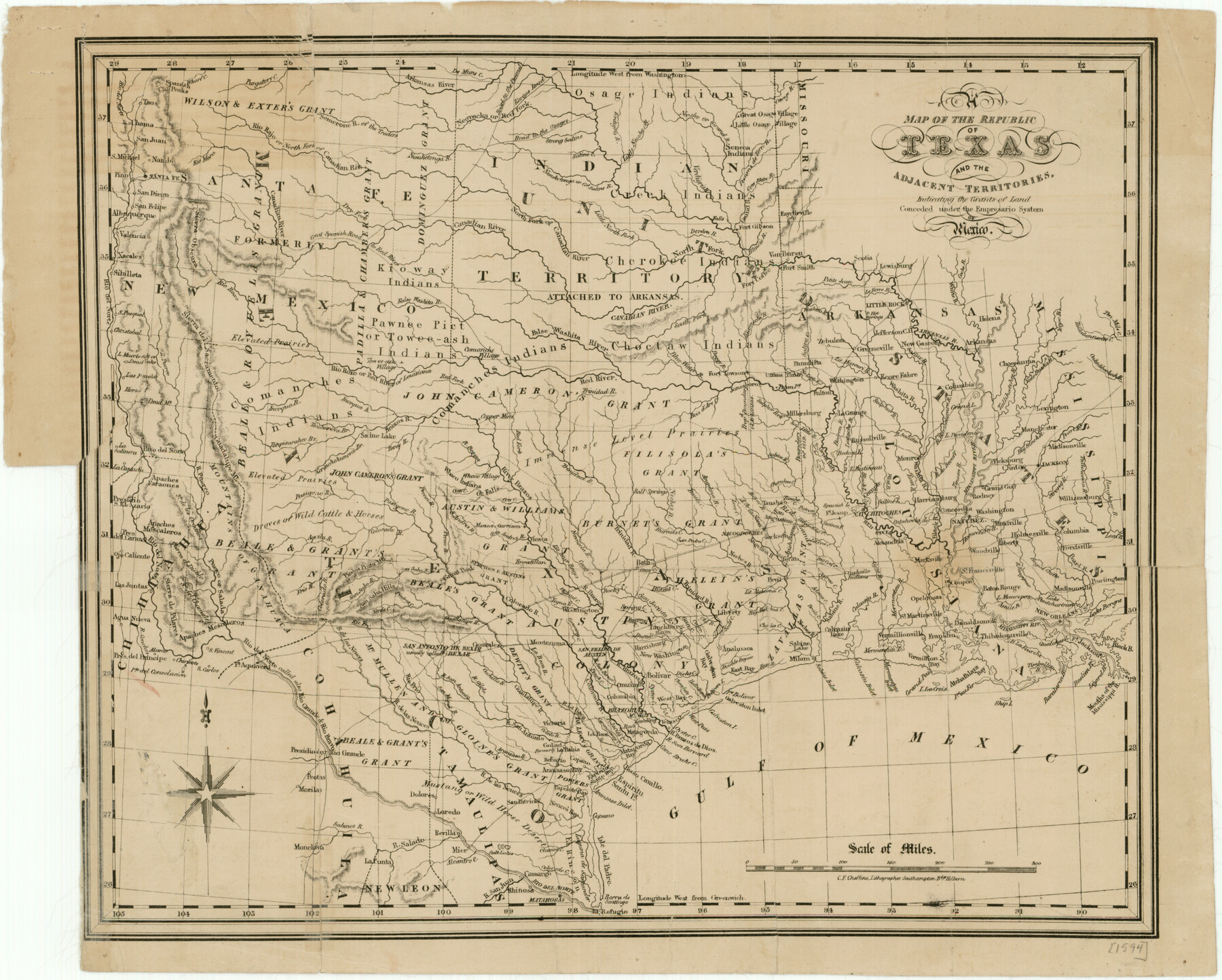 76244, Map of the Republic of Texas and the Adjacent Territories, Indicating the Grants of Land Conceded under the Empresario System of Mexico, Texas State Library and Archives
