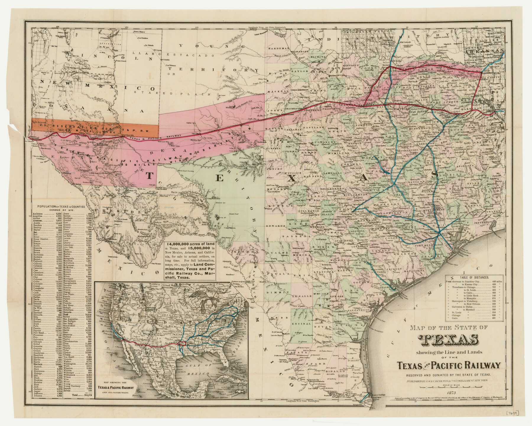 76317, Map of the State of Texas showing the Line and Lands of the Texas and Pacific Railway Reserved and Donated by the State of Texas, Texas State Library and Archives