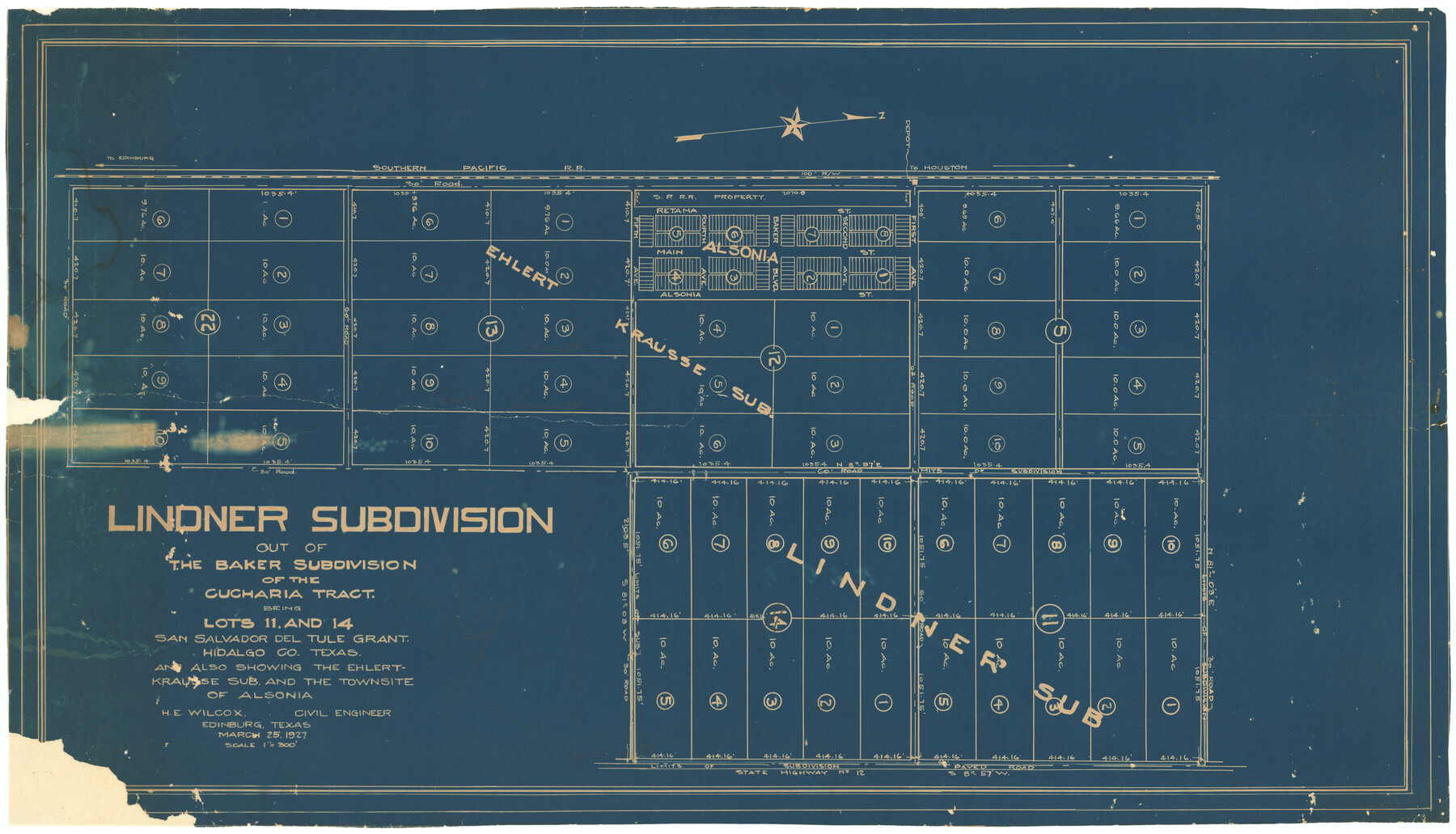 77093, Lindner Subdivision out of the Baker Subdivision of the Cucharia Tract being Lots 11 and 14, San Salvador del Tule Grant Hidalgo Co. Texas and also showing the Ehlert-Krausse Sub. and the Townsite of Alsonia, General Map Collection