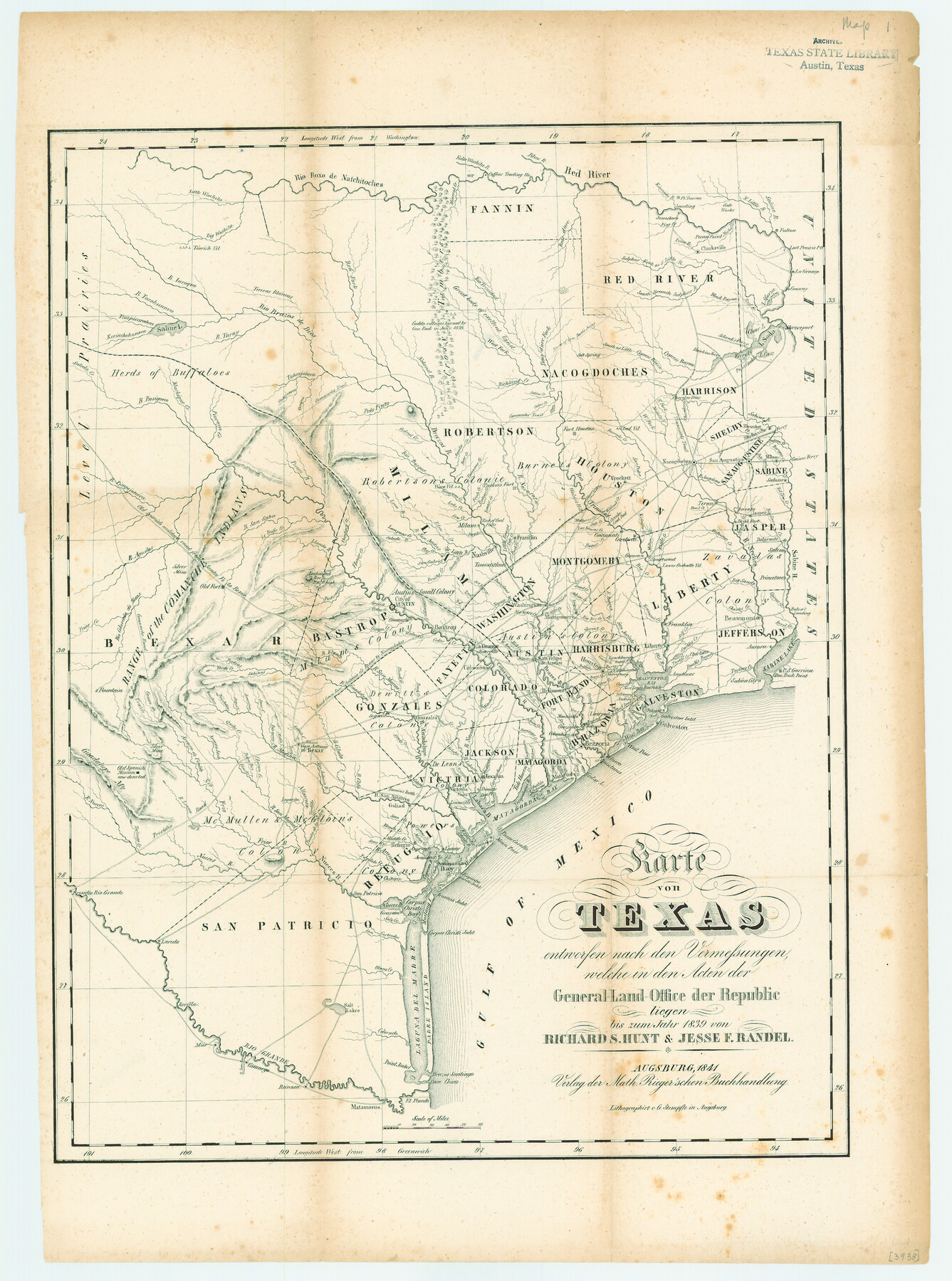 79311, Karte von Texas entworfen nach den Vermessungen, welche in den Acten der General-Land-Office der Republic liegen bis zum Jahr 1839 von Richard S. Hunt & Jesse F. Randel, Texas State Library and Archives