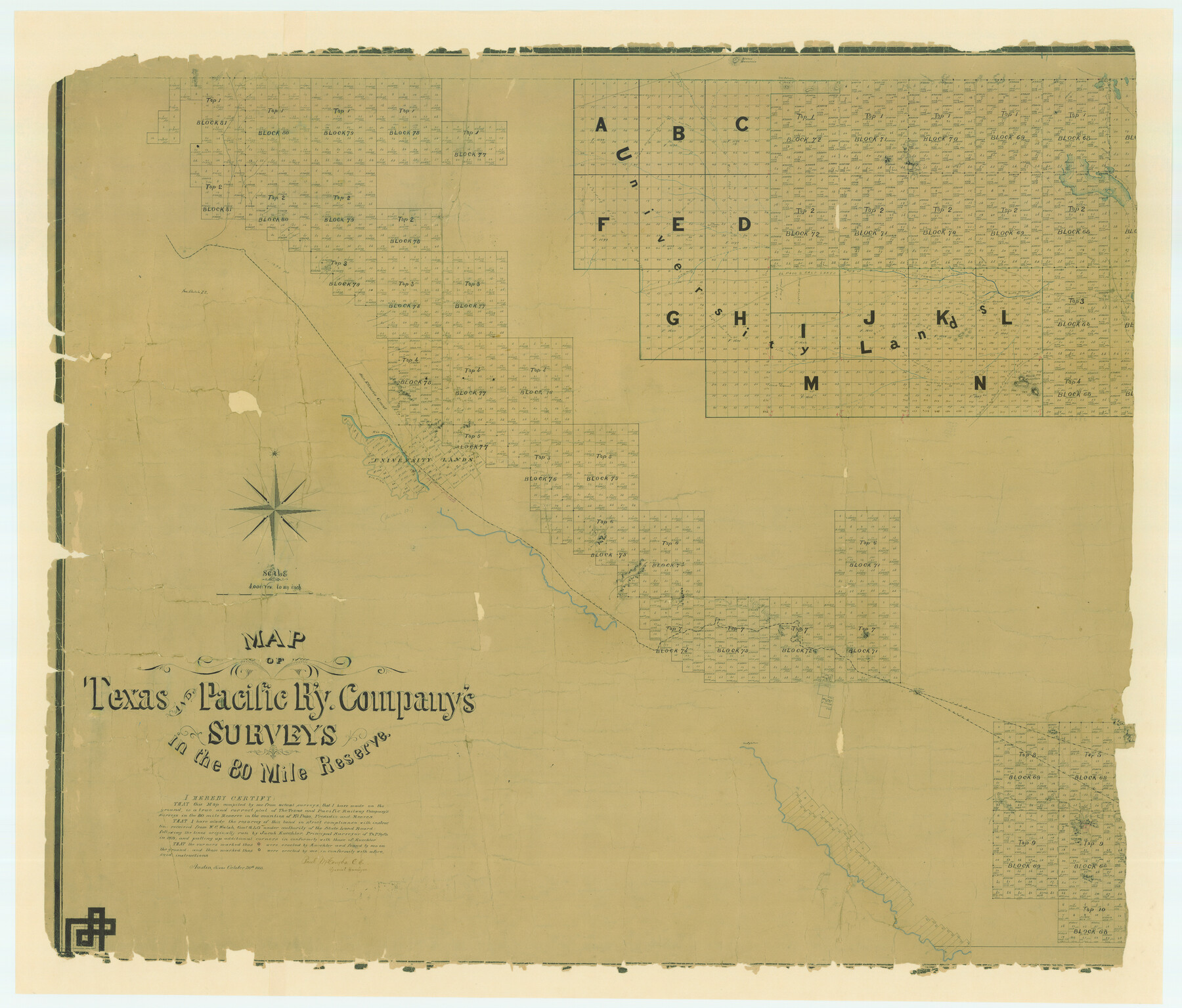 83557, Map of Texas and Pacific Ry. Company's Surveys in the 80 Mile Reserve, General Map Collection