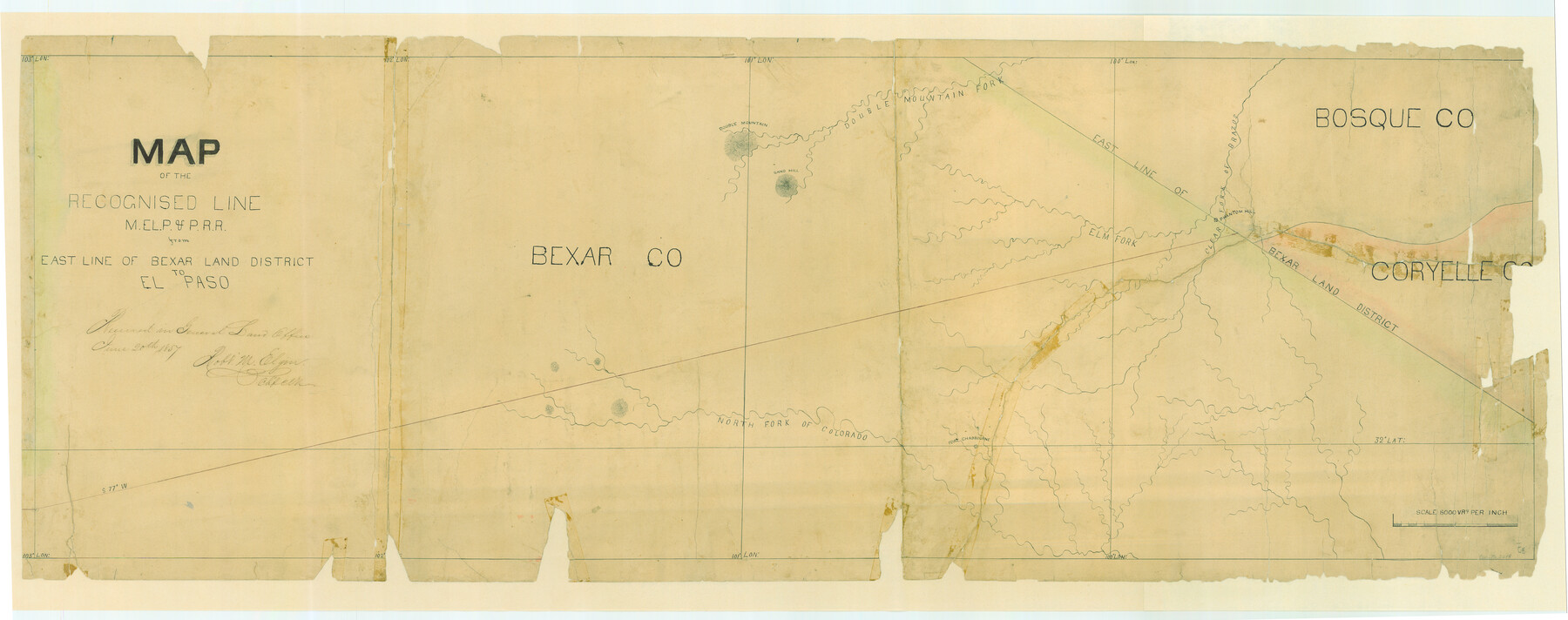 85322, Map of the Recognised Line M. EL. P. & P. R. R. from East Line of Bexar Land District to El Paso, General Map Collection