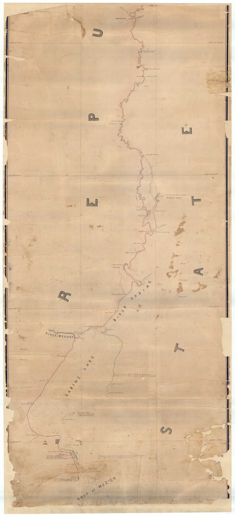 87152, Map of the River Sabine from its mouth on the Gulf of Mexico in the Sea to Logan's Ferry in Latitude 31°58'24" North, General Map Collection