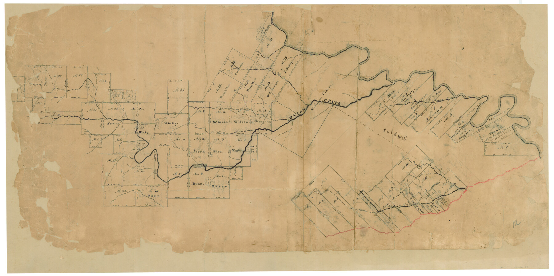 88, [Surveys in Milam's Colony along the Colorado River, Onion Creek, Cedar Creek, and north of the San Antonio Road], General Map Collection