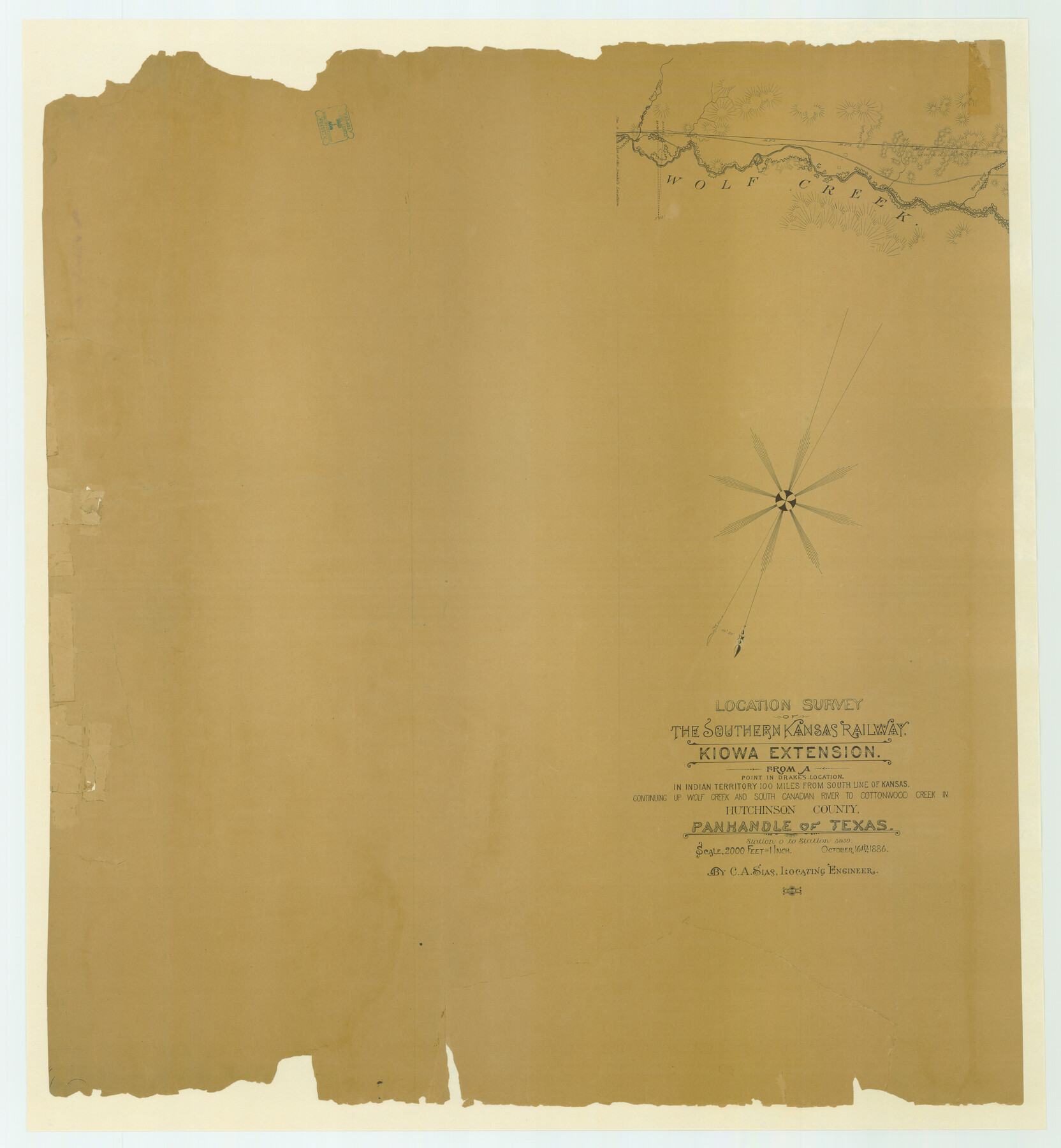 88838, Location Survey of the Southern Kansas Railway, Kiowa Extension from a point in Drake's Location, in Indian Territory 100 miles from south line of Kansas, continuing up Wolf Creek and South Canadian River to Cottonwood Creek in Hutchinson County, General Map Collection