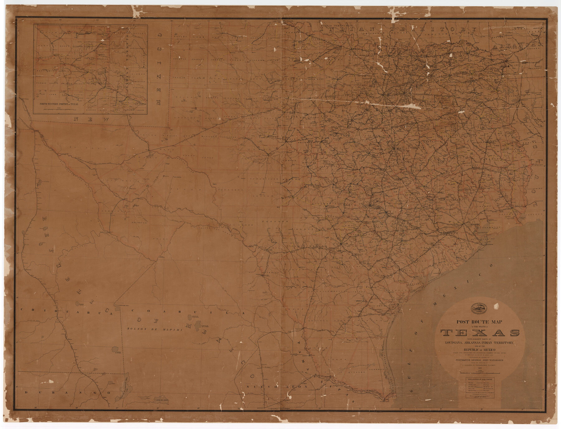 89061, Post Route Map of the State of Texas with Adjacent Parts of Louisiana, Arkansas, Indian Territory and the Republic of Mexico Showing Post Offices with the Intermediate Distances and Mail Routes in Operation on the 1st of April 1891, Texas State Library and Archives