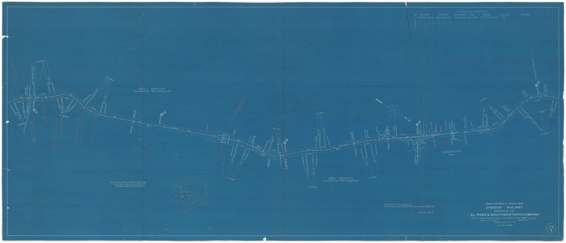 89657, Right-of-way & Track Map Dawson Railway Operated by the El Paso & Southwestern Company Station 1655+23.4 to Station 1867+09.6, Twichell Survey Records