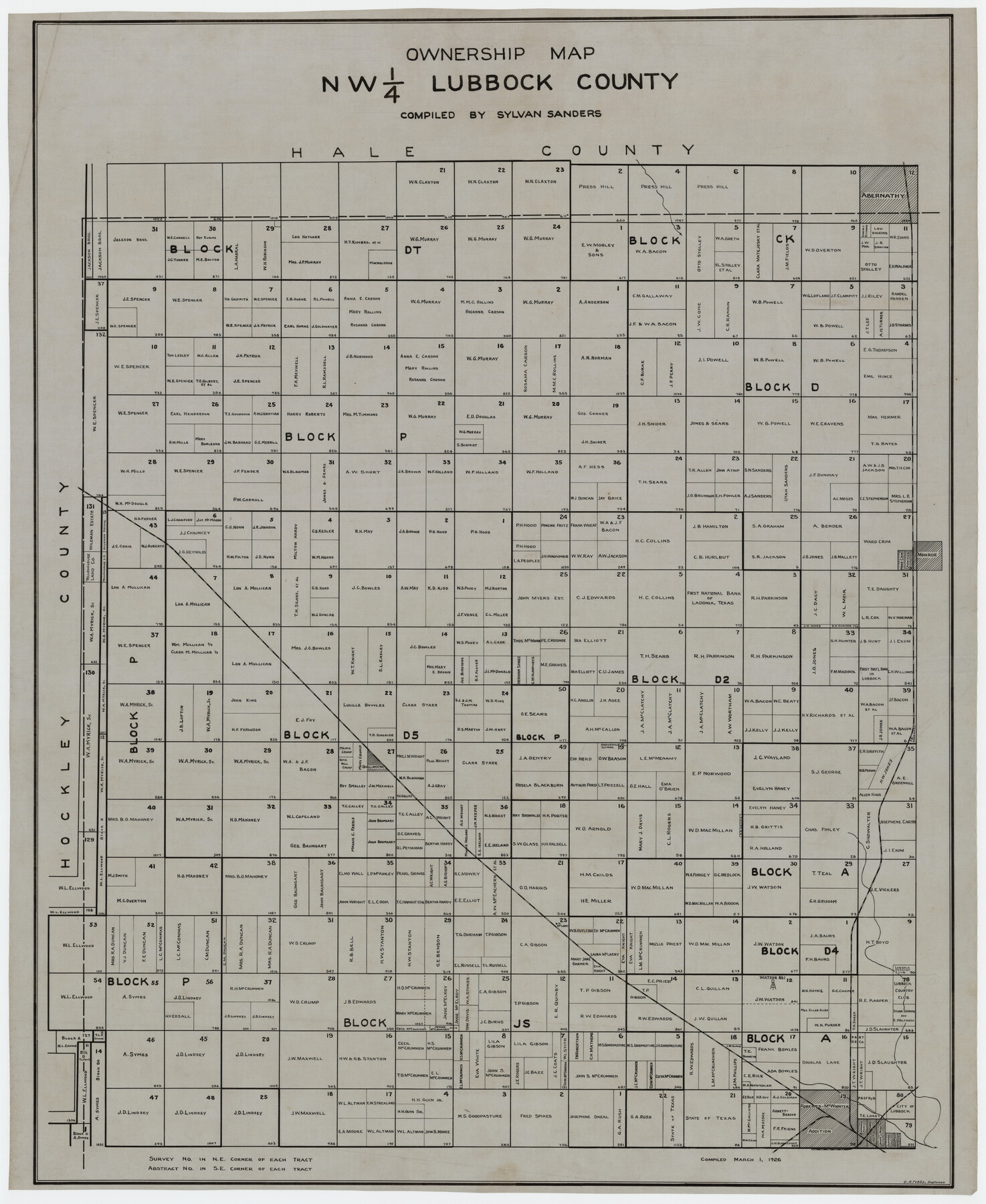 89698, Ownership Map NW 1/4 Lubbock County, Twichell Survey Records