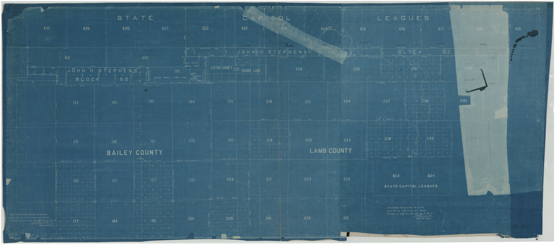 89744, [Sketch of State Capitol Leagues 615-621, 623-627, 177-209 in Lamb and Bailey Counties], Twichell Survey Records