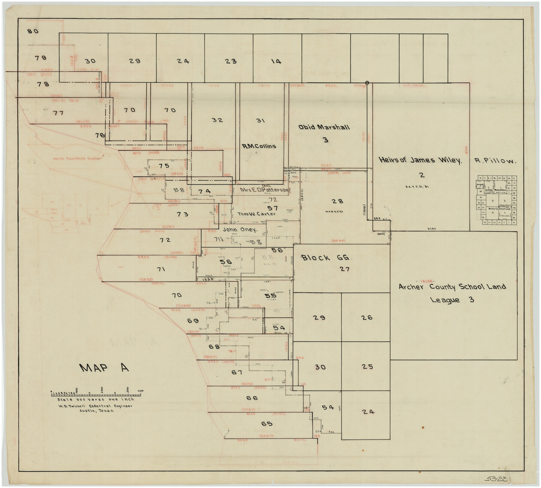 89751, Map A [showing surveys along river and in vicinity of Archer County School Land League 3], Twichell Survey Records