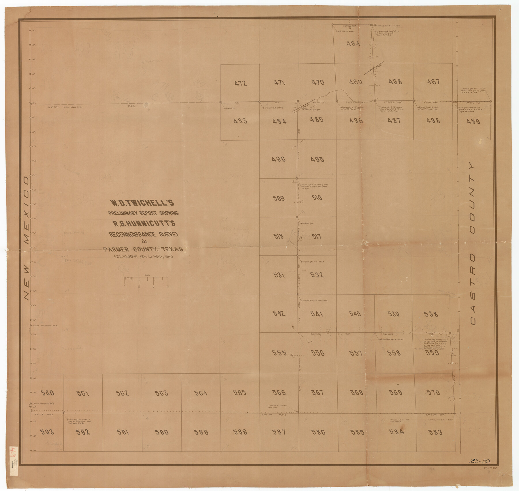 89803, W. D. Twichell's Preliminary Report Showing R. S. Hunnicutt's Reconnoissance Survey in Parmer County, Texas November 6th to 19th, 1915, Twichell Survey Records