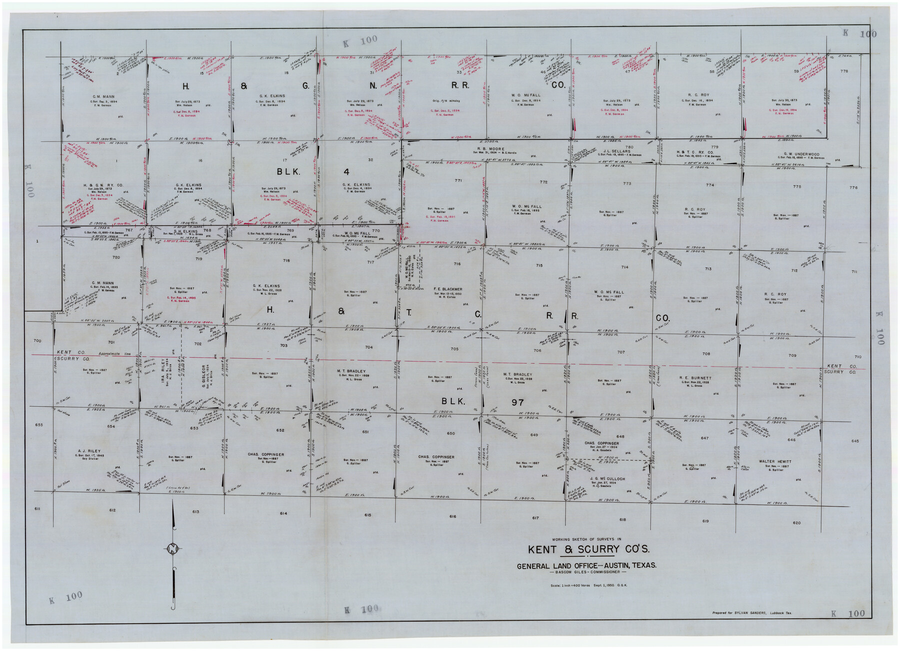 89860, Working Sketch of Surveys in Kent & Scurry Co's., Twichell Survey Records