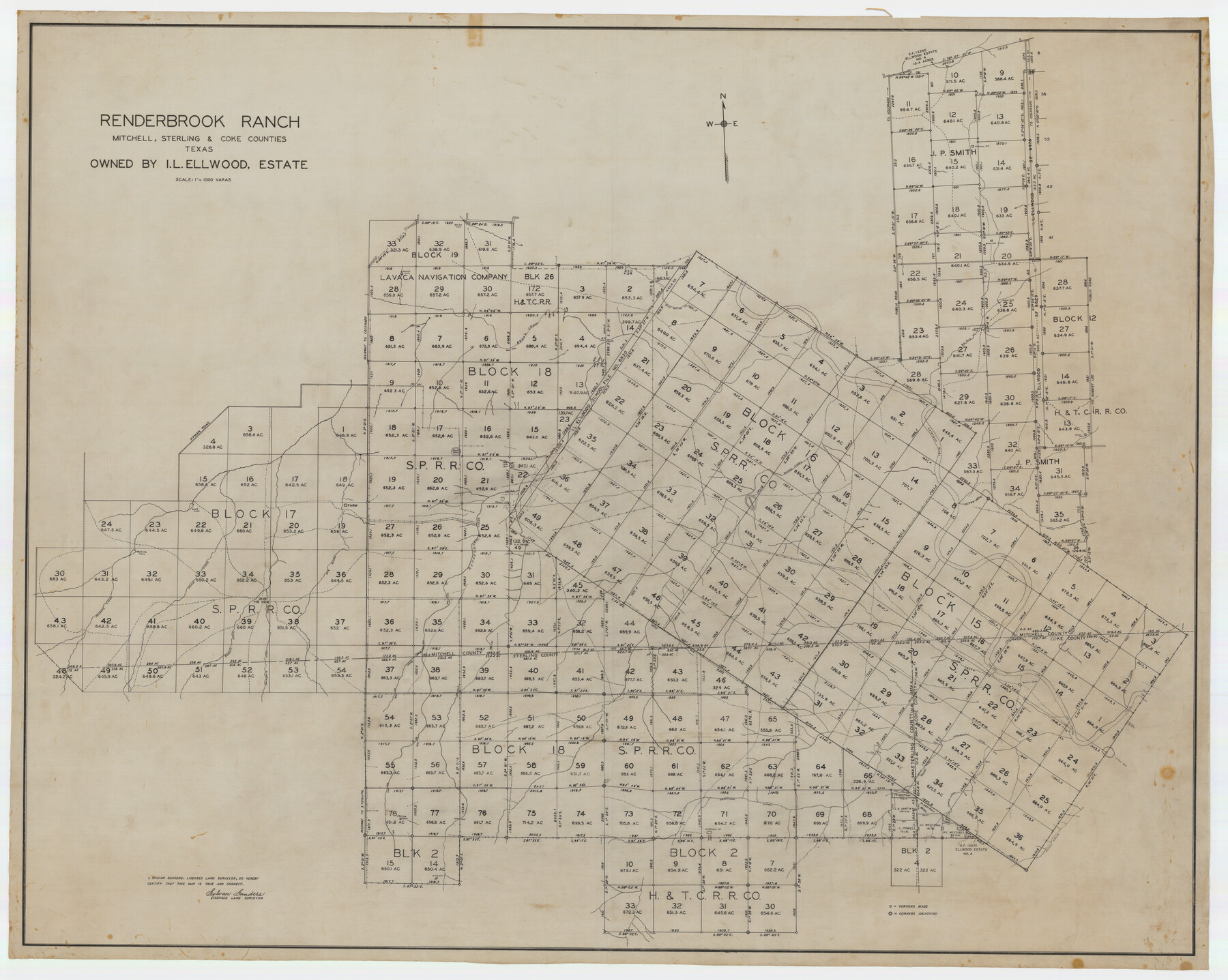 89873, Renderbrook Ranch, Mitchell, Sterling & Coke Counties, Texas Owned by I. L. Ellwood, Estate, Twichell Survey Records