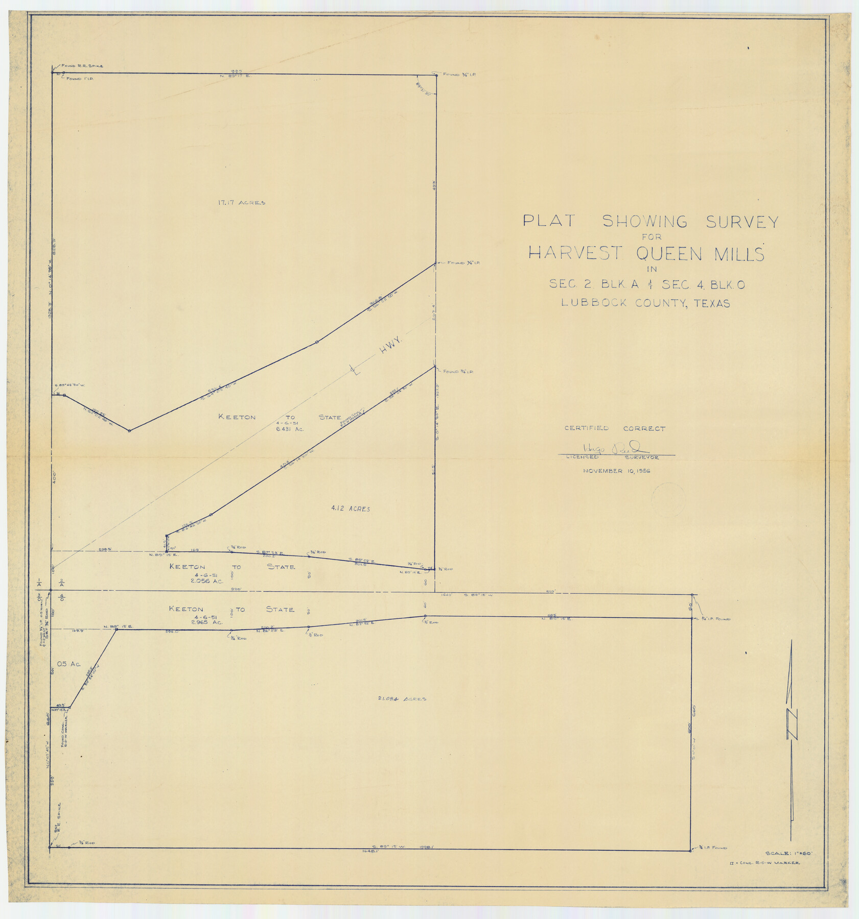 89893, Plat Showing Survey for Harvest Queen Mills in Sec. 2 Blk. A & Sec. 4 Blk. O Lubbock County, Texas, Twichell Survey Records