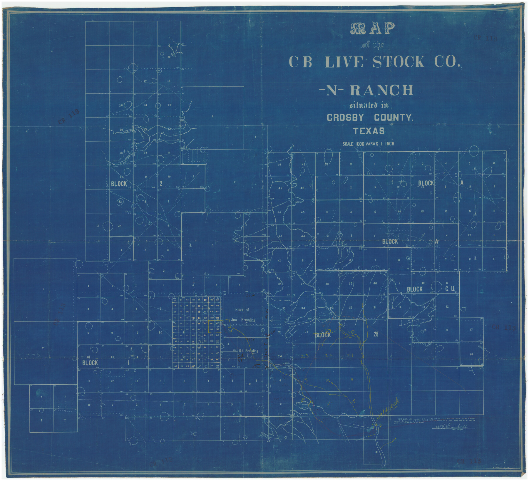 89919, Map of the CB Live Stock Co. -N- Ranch situated in Crosby County, Texas, Twichell Survey Records