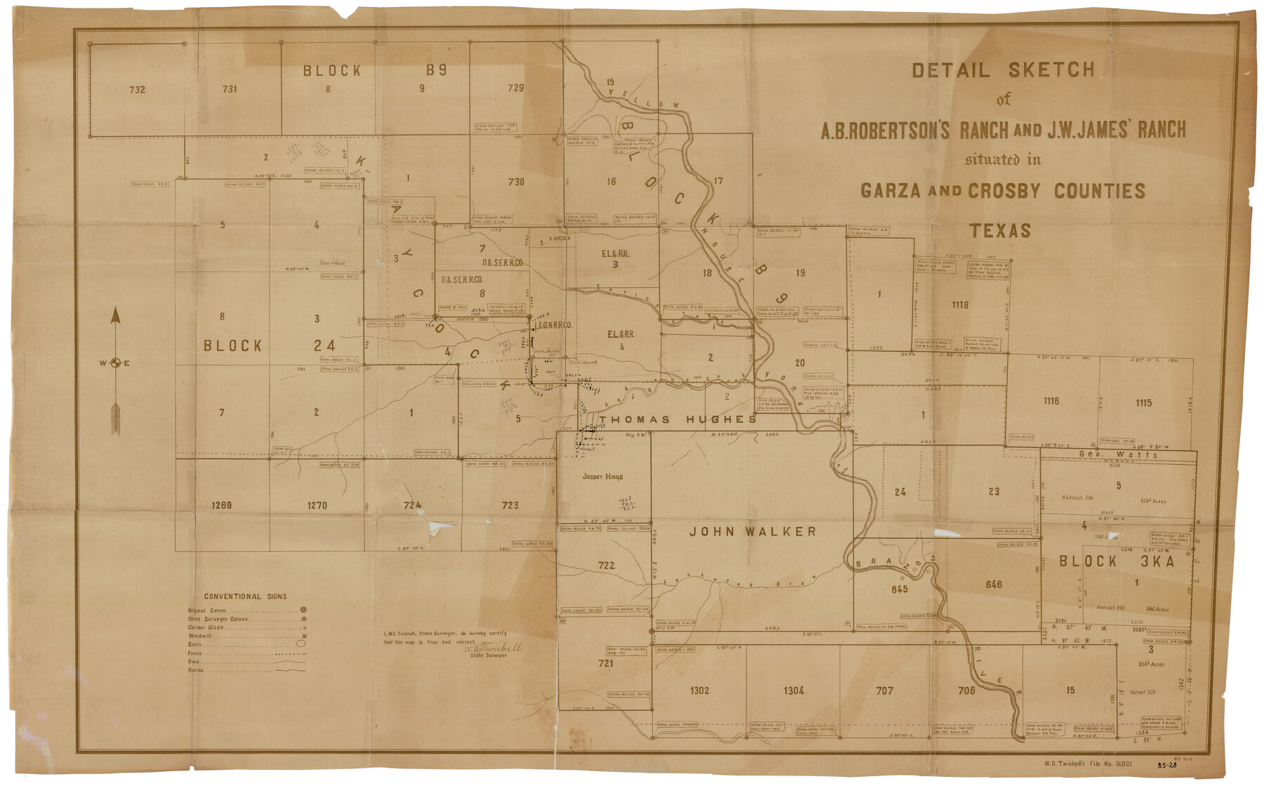 89945, Detail Sketch of A.B. Robertson's Ranch and J.W. James' Ranch situated in Garza and Crosby Counties, Texas, Twichell Survey Records