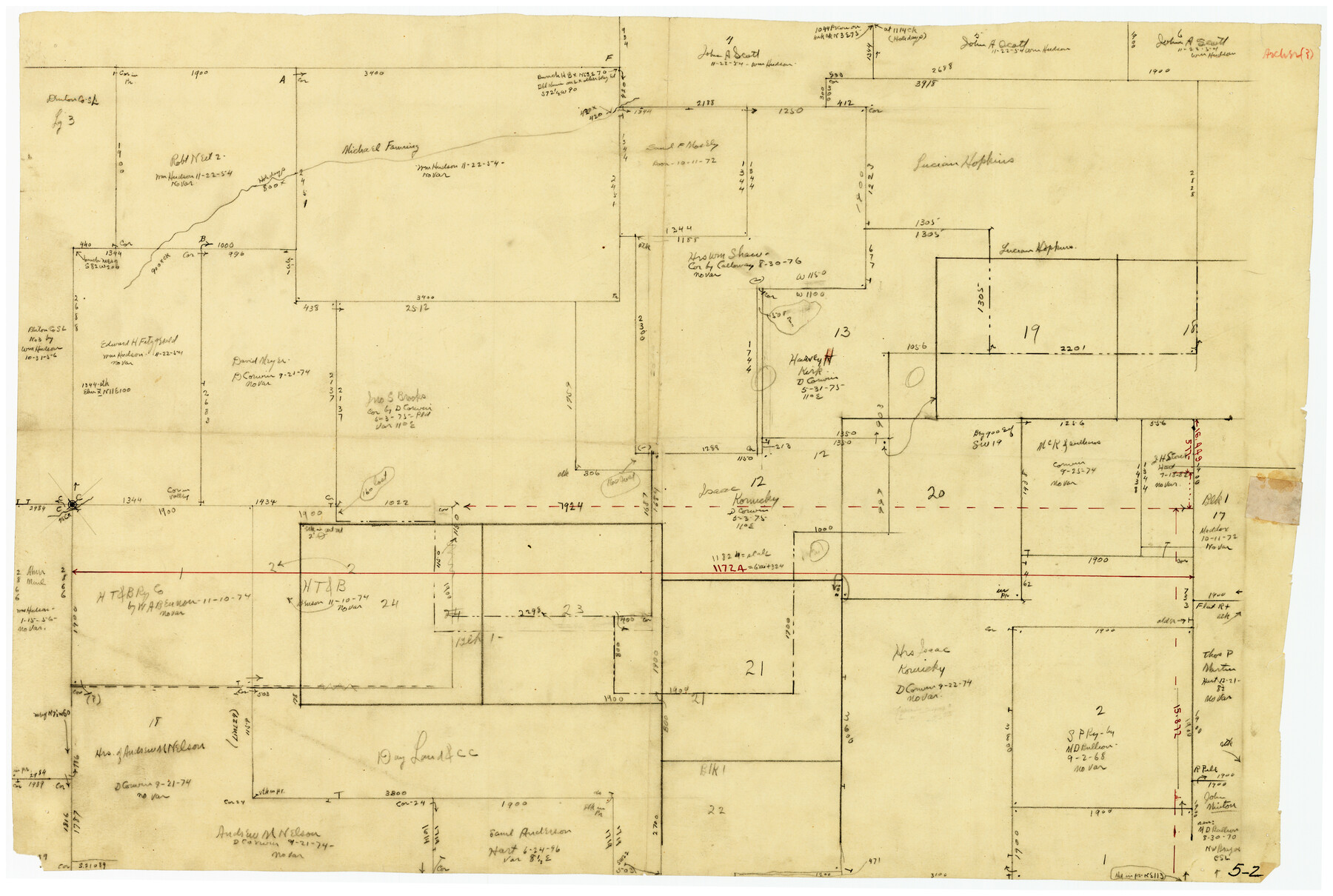 89978, [Pencil sketch showing various surveys south and along Holiday Creek], Twichell Survey Records