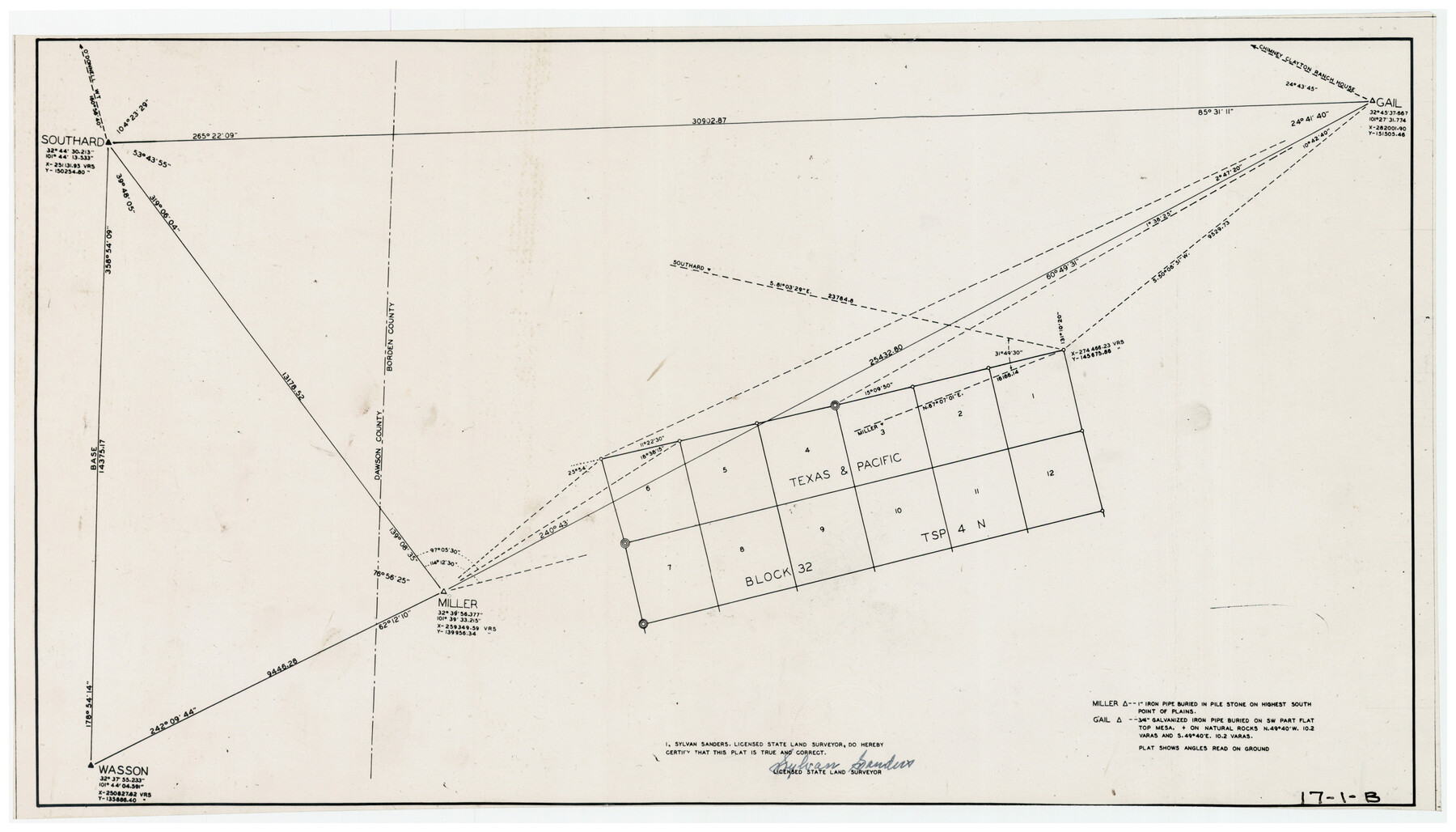 90142, [Texas & Pacific Block 32, T-4-N showing ties to triangulation stations], Twichell Survey Records