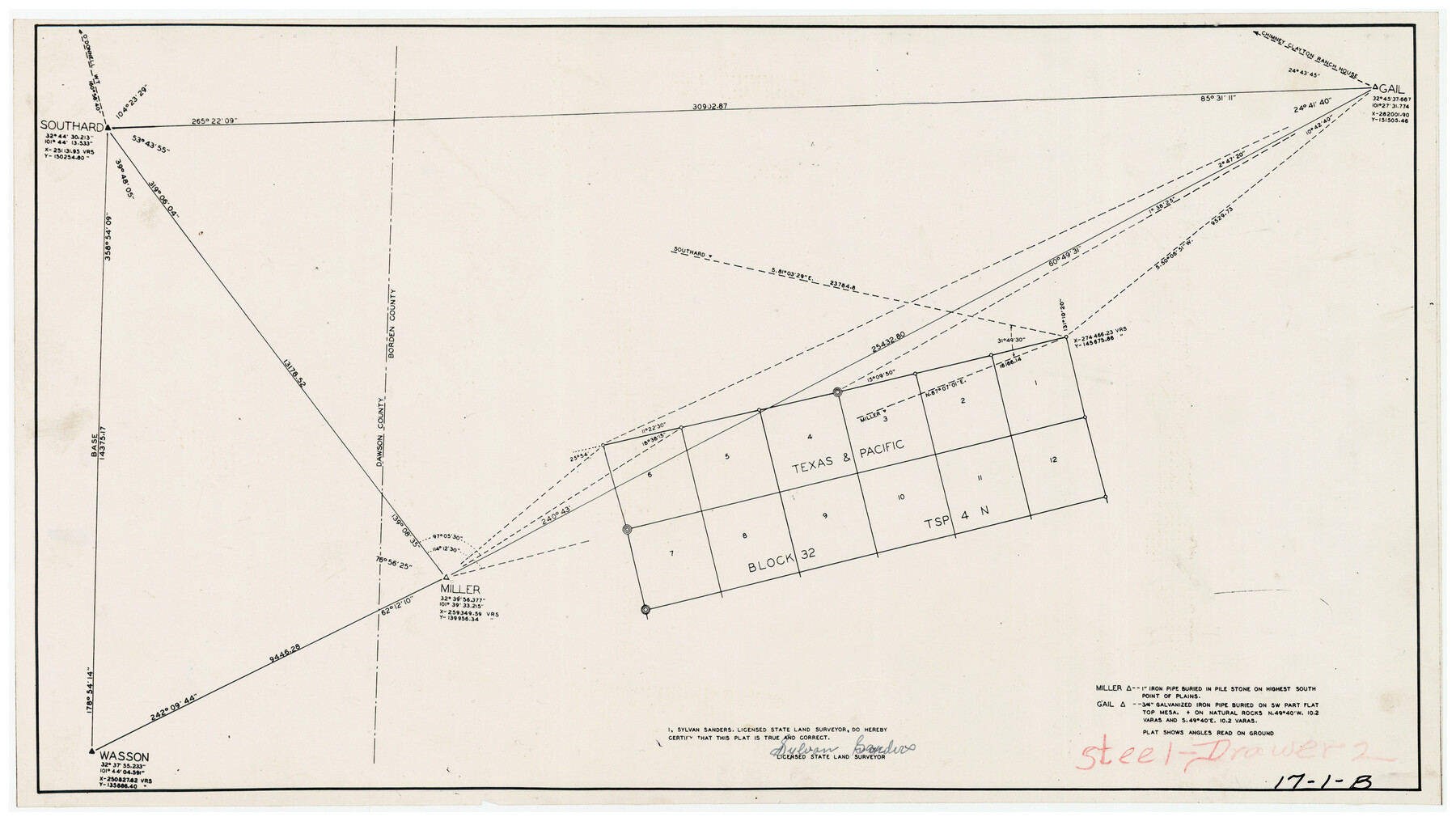 90143, [Texas & Pacific Block 32, T-4-N showing ties to triangulation stations], Twichell Survey Records