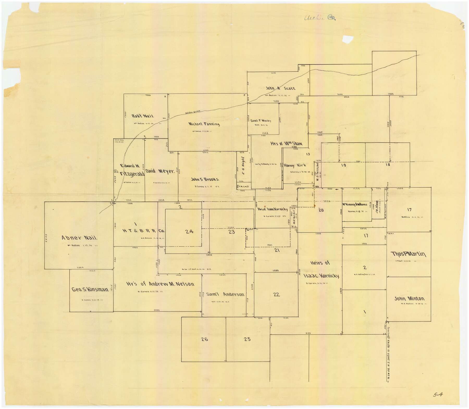 90164, [Sketch showing various surveys south and along Holiday Creek], Twichell Survey Records