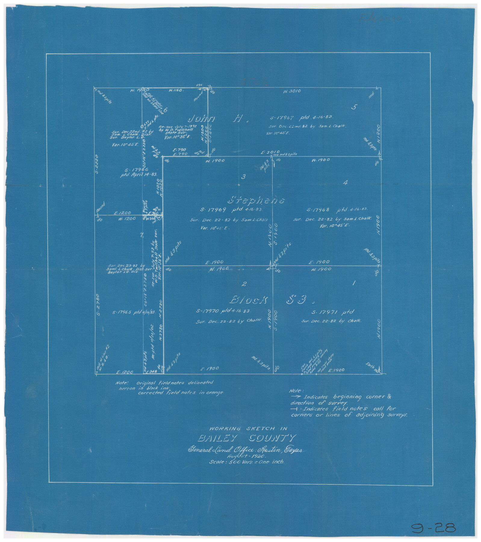 90185, Working Sketch in Bailey County, Twichell Survey Records