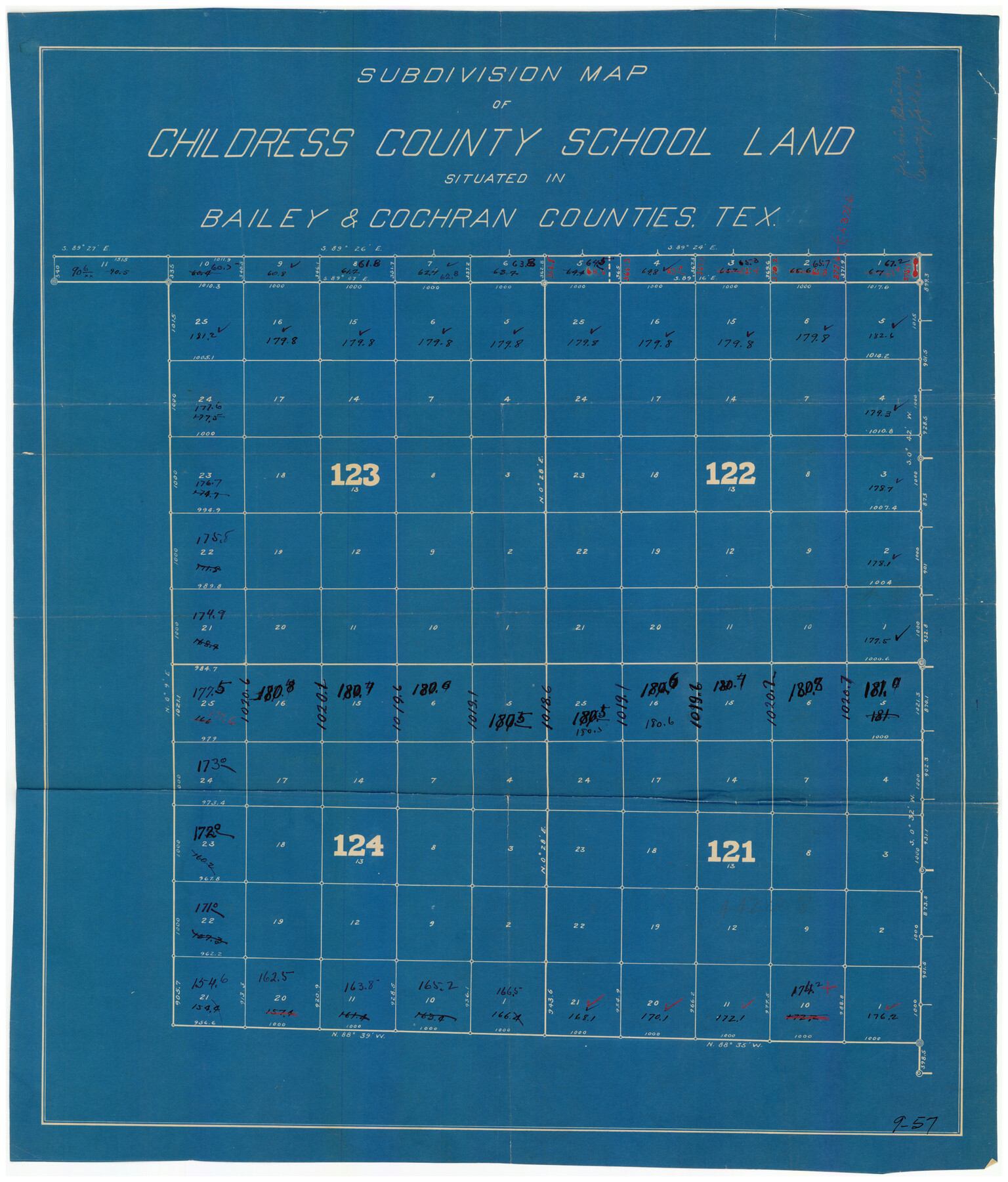 90200, Subdivision Map of Childress County School Land situated in Bailey and Cochran Counties, Tex., Twichell Survey Records