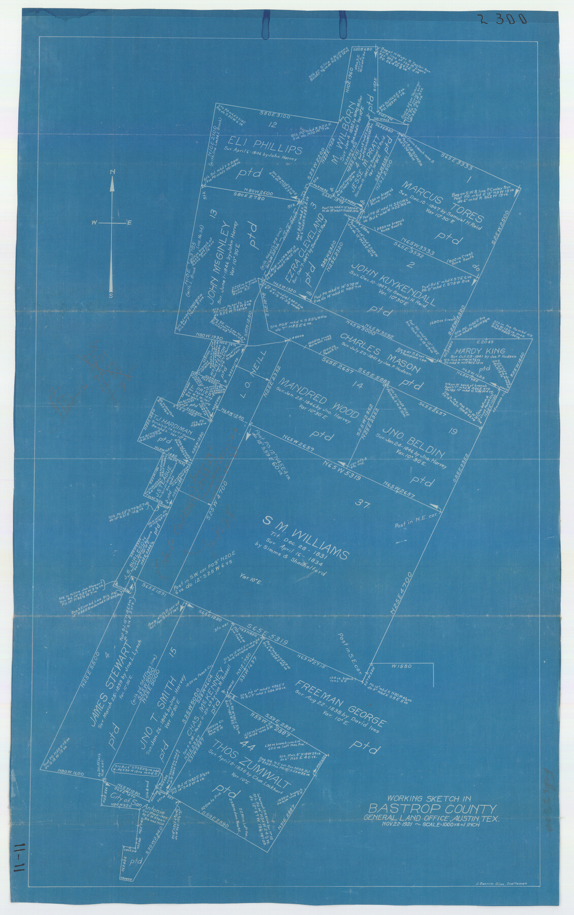 90205, Working Sketch in Bastrop County, Twichell Survey Records