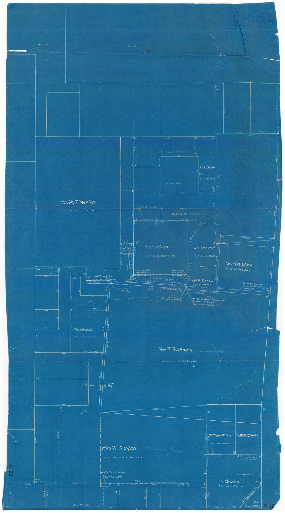 90209, [Sketch Showing Wm. T. Brewer, John R. Taylor, Wm. F. Butler, Timothy DeVore, L. M. Thorn and adjoining surveys], Twichell Survey Records