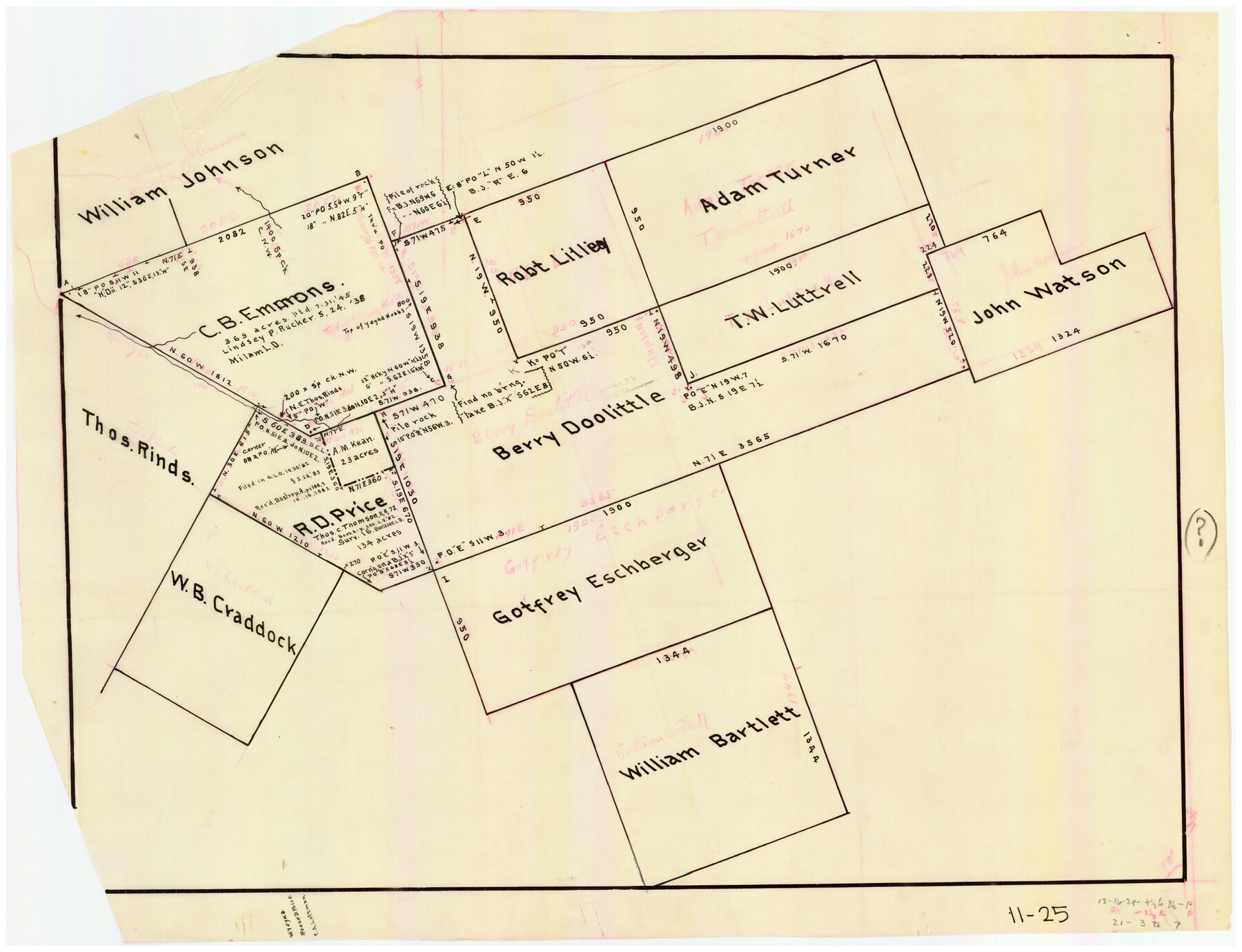 90213, [Sketch of Berry Doolittle, C. B. Emmons. R. D. Price and other surveys], Twichell Survey Records