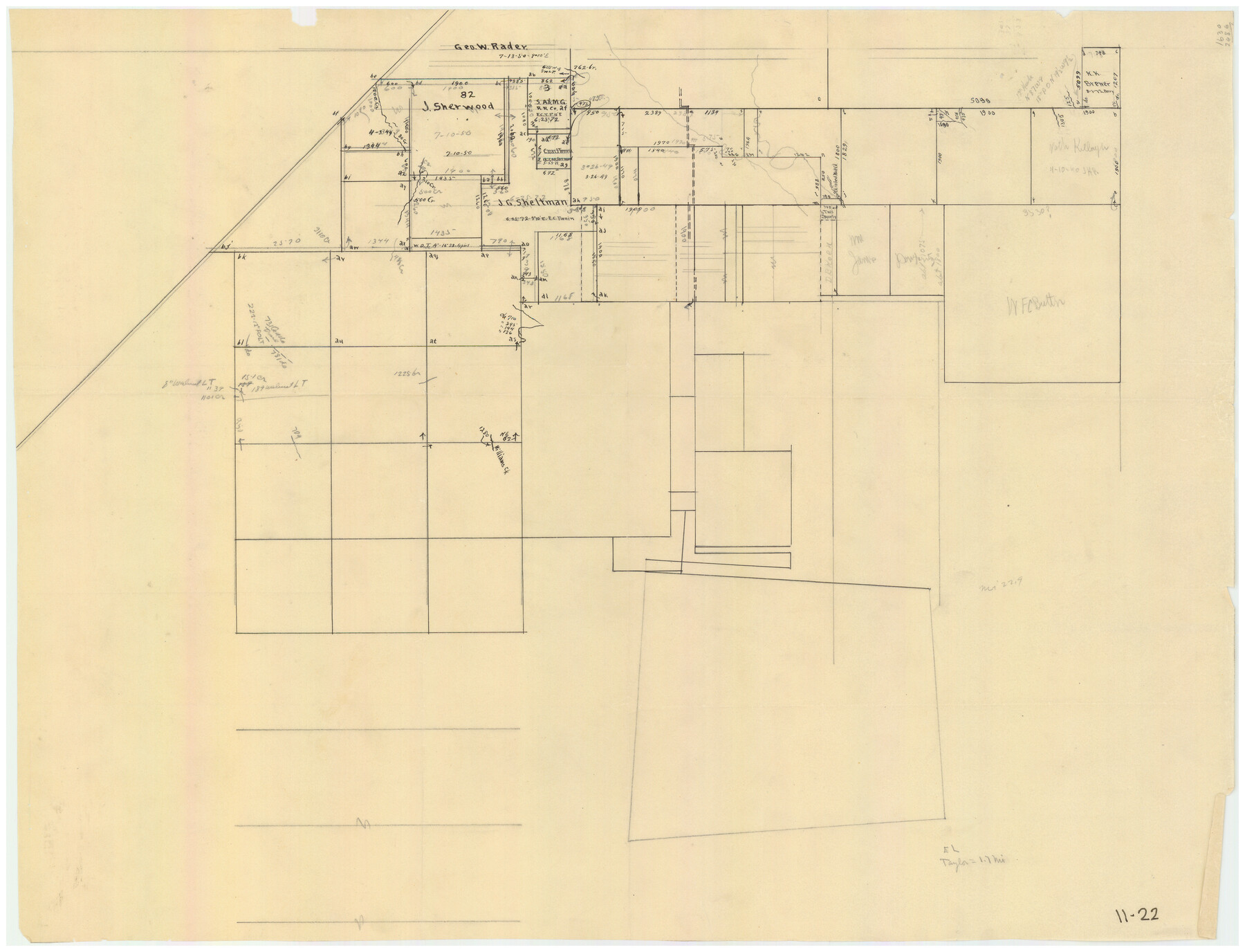 90230, [Sketch Showing Wm. T. Brewer, John R. Taylor, Wm. F. Butler, Timothy DeVore, L. M. Thorn and adjoining surveys], Twichell Survey Records