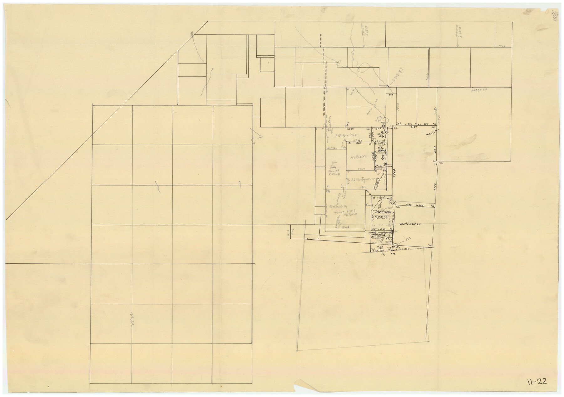 90231, [Sketch Showing Wm. T. Brewer, John R. Taylor, Wm. F. Butler, Timothy DeVore, L. M. Thorn and adjoining surveys], Twichell Survey Records