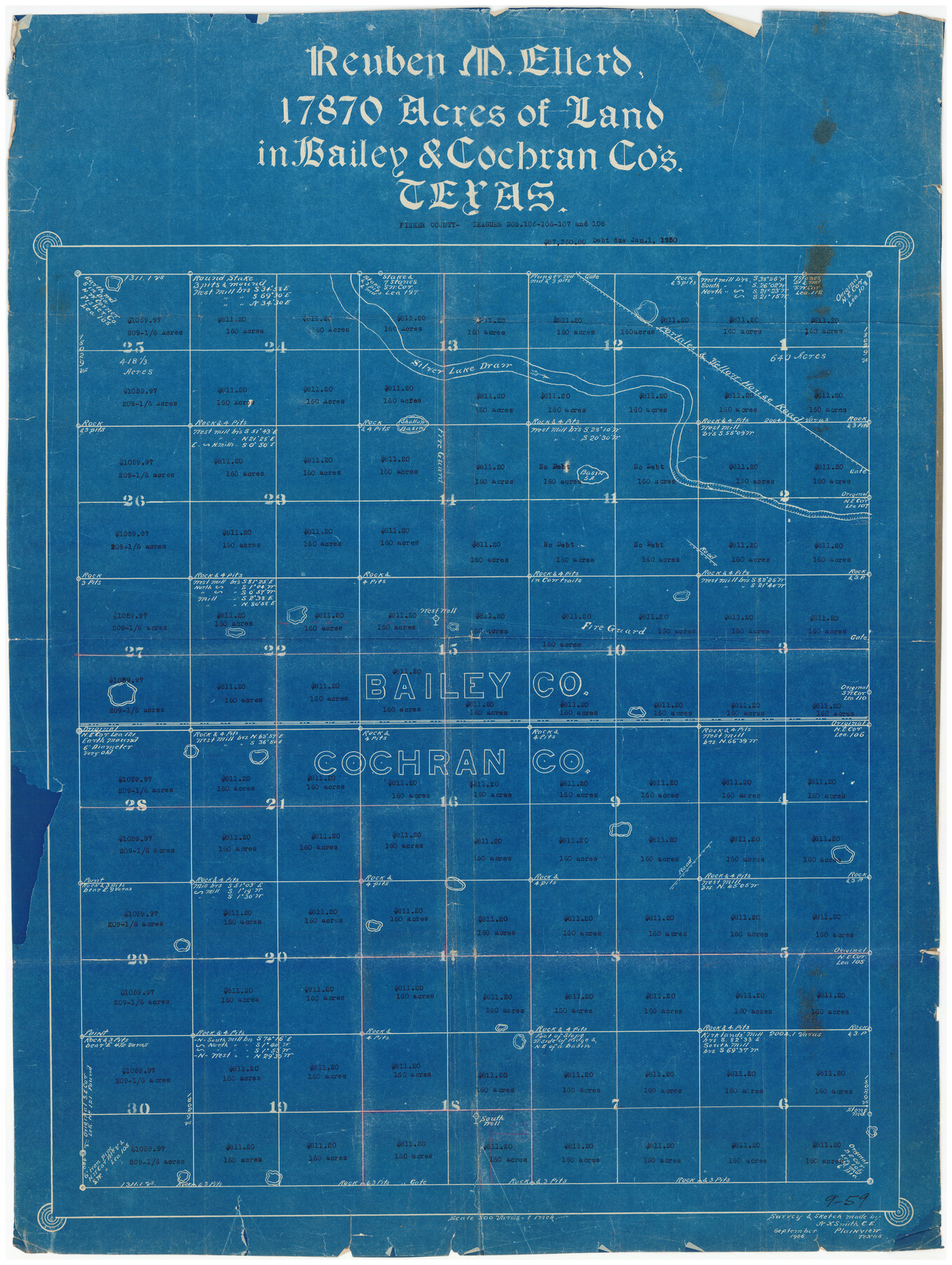 90242, Rueben M. Ellerd 17,870 acres of land in Bailey and Cochran Cos., Texas, Twichell Survey Records