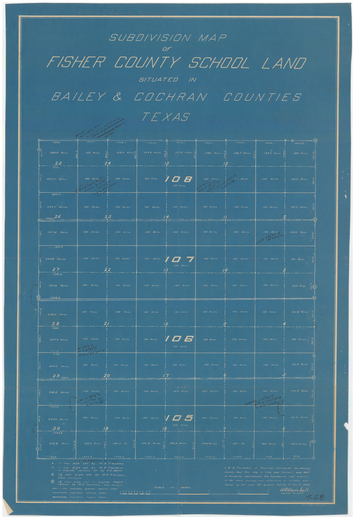 90243, Subdivision Map of Fisher County School Land situated in Bailey and Cochran Counties, Texas, Twichell Survey Records