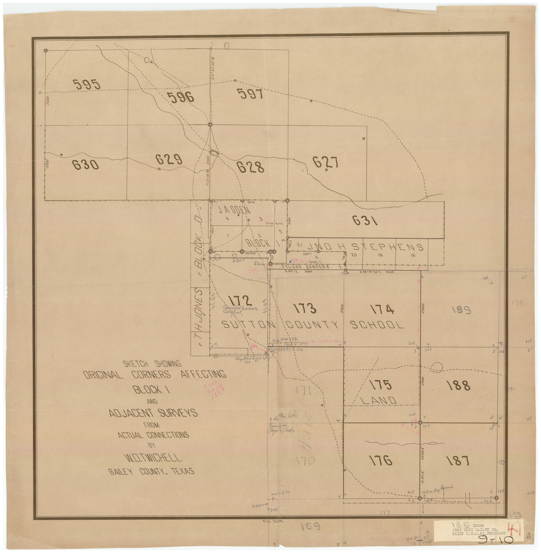 90285, Sketch Showing Original Corners Affecting Block I and Adjacent Surveys from Actual Connections by W. D. Twichell, Twichell Survey Records