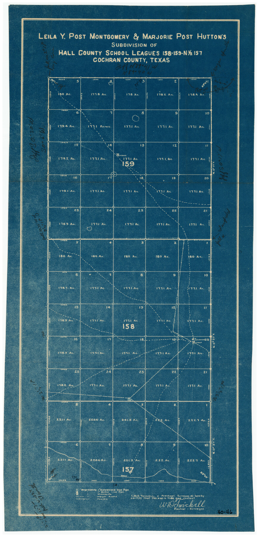 90297, Leila Y. Post Montgomery & Marjorie Post Hutton's Subdivision of Hall County School Leagues 158-159-N 1/2 157, Cochran County, Texas, Twichell Survey Records