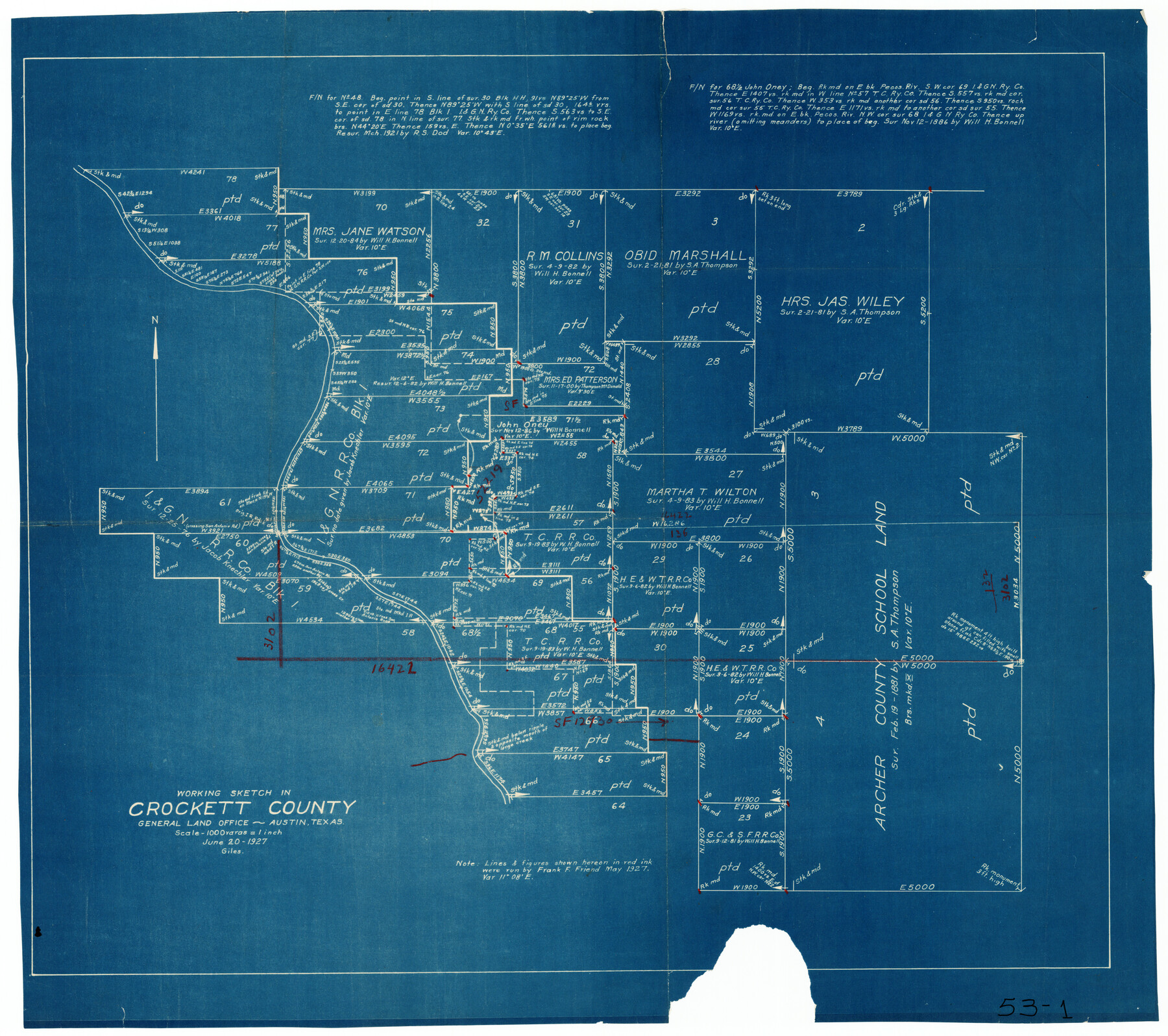 90304, Working Sketch in Crockett County, Twichell Survey Records