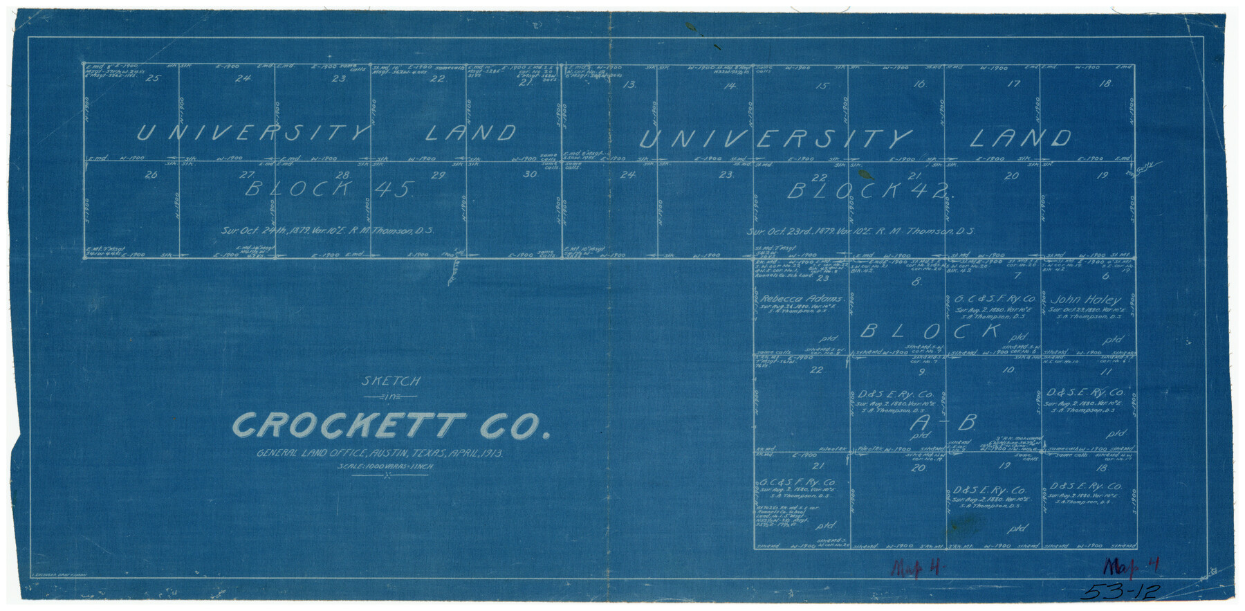 90313, Sketch in Crockett County [showing University Land Blocks 42 and 45 and Block A-B], Twichell Survey Records