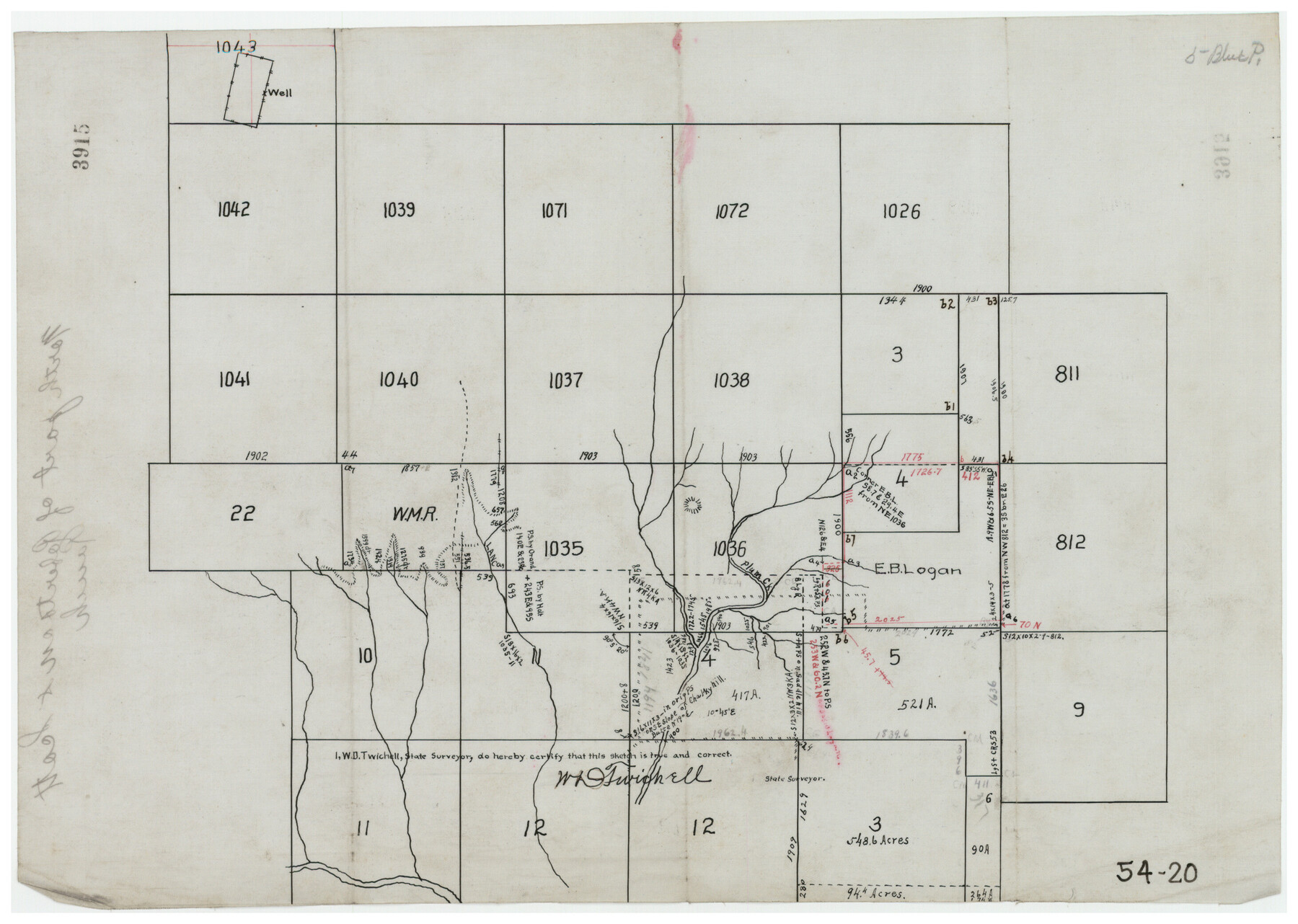 90342, [Sections 1035-1038, E. B. Logan survey and vicinity], Twichell Survey Records