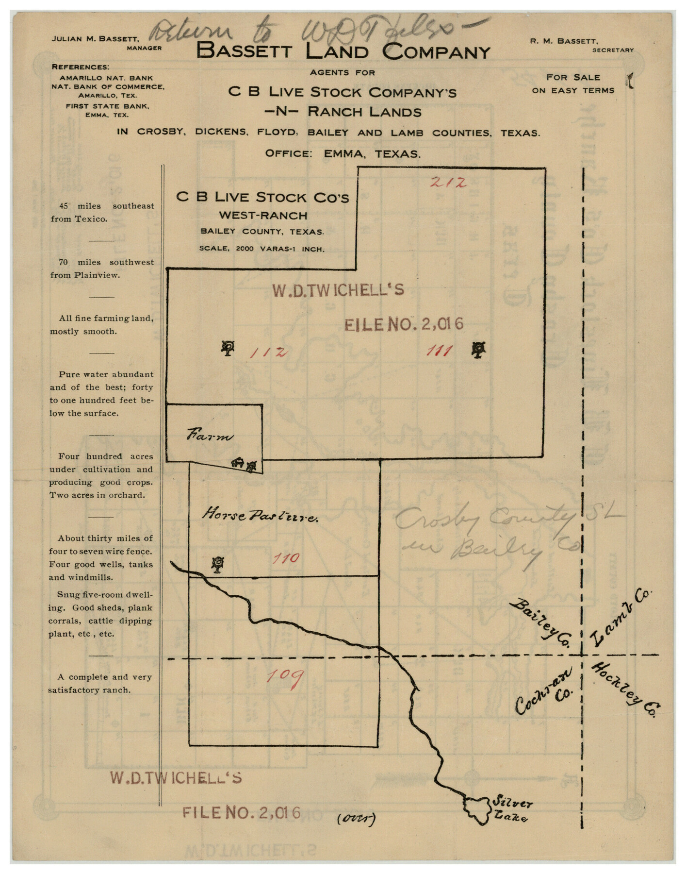 90380, C. B. Livestock Co.'s West-Ranch, Bailey County, Texas, Twichell Survey Records