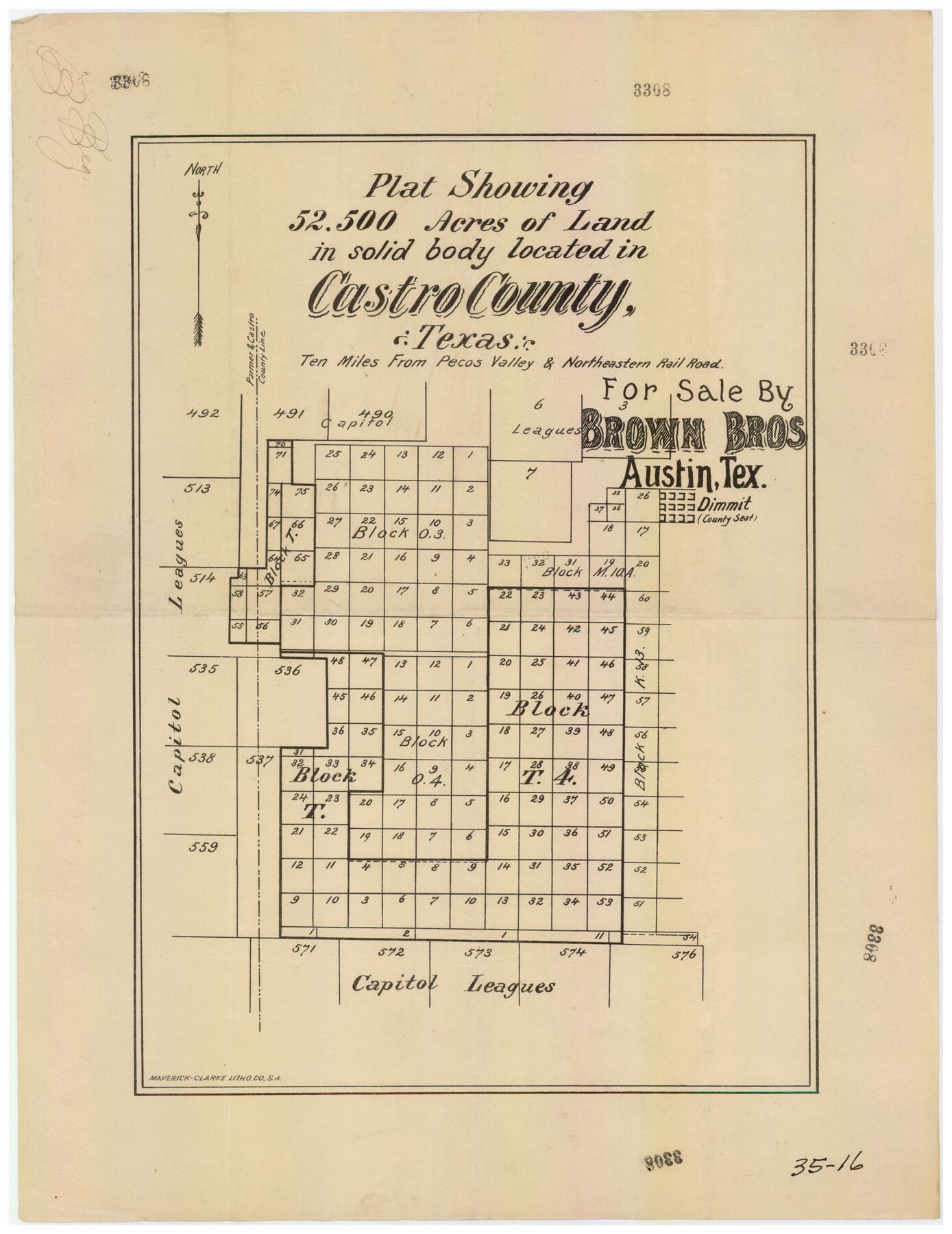 90404, Plat showing 52,500 acres of land in solid body located in Castro County, Texas, Twichell Survey Records