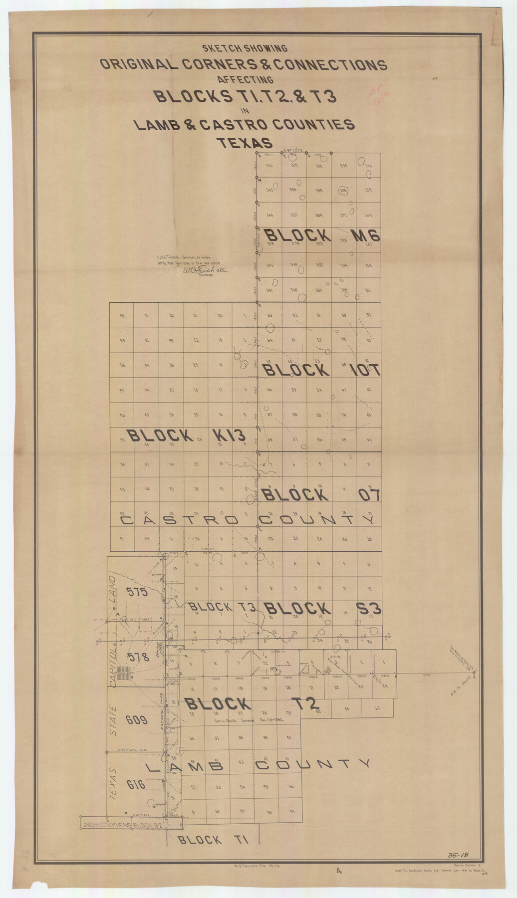 90405, Sketch Showing Original Corners and Connections Affecting Blocks T1, T2, and T3 in Lamb & Castro Counties, Twichell Survey Records