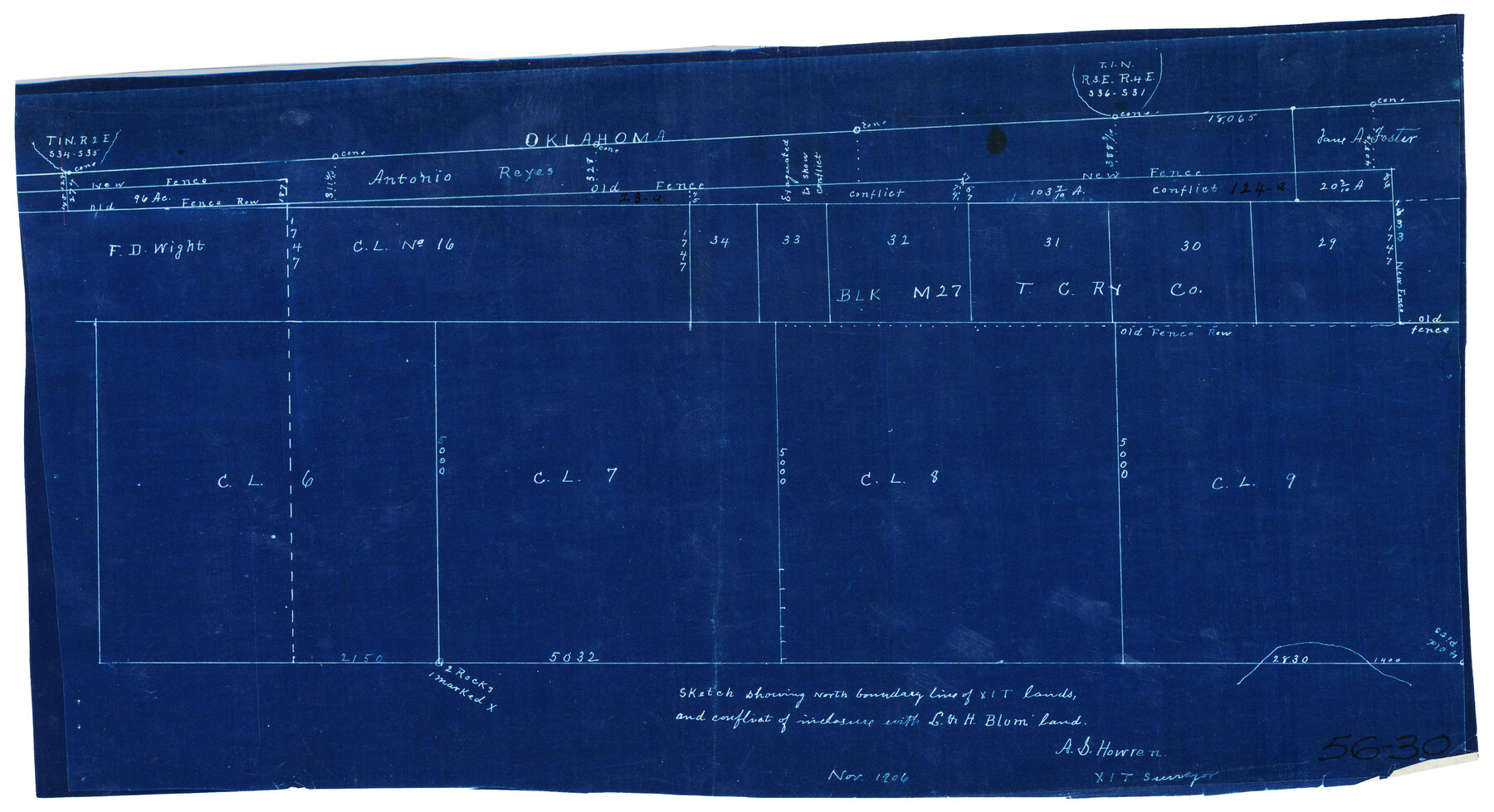 90519, Sketch showing north boundary line of XIT lands and conflict of enclosure with L. & H. Blum land, Twichell Survey Records