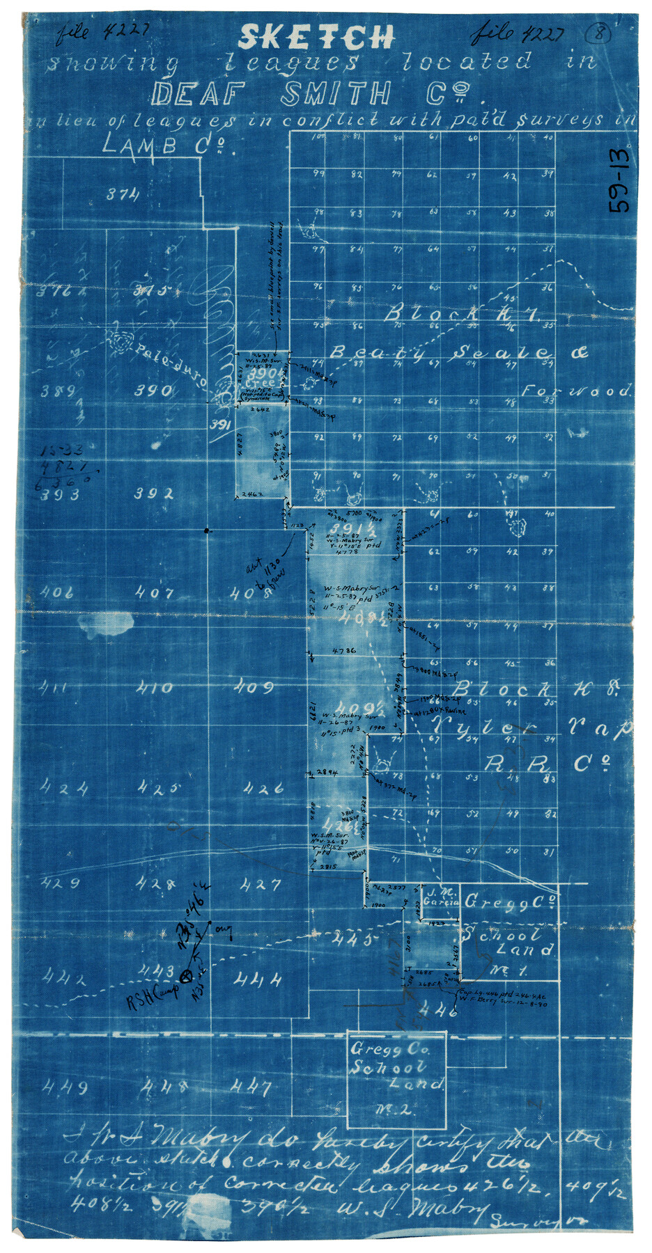 90529, Sketch Showing Leagues Located in Deaf Smith Co. in lieu of Leagues in conflict with paid surveys, Twichell Survey Records