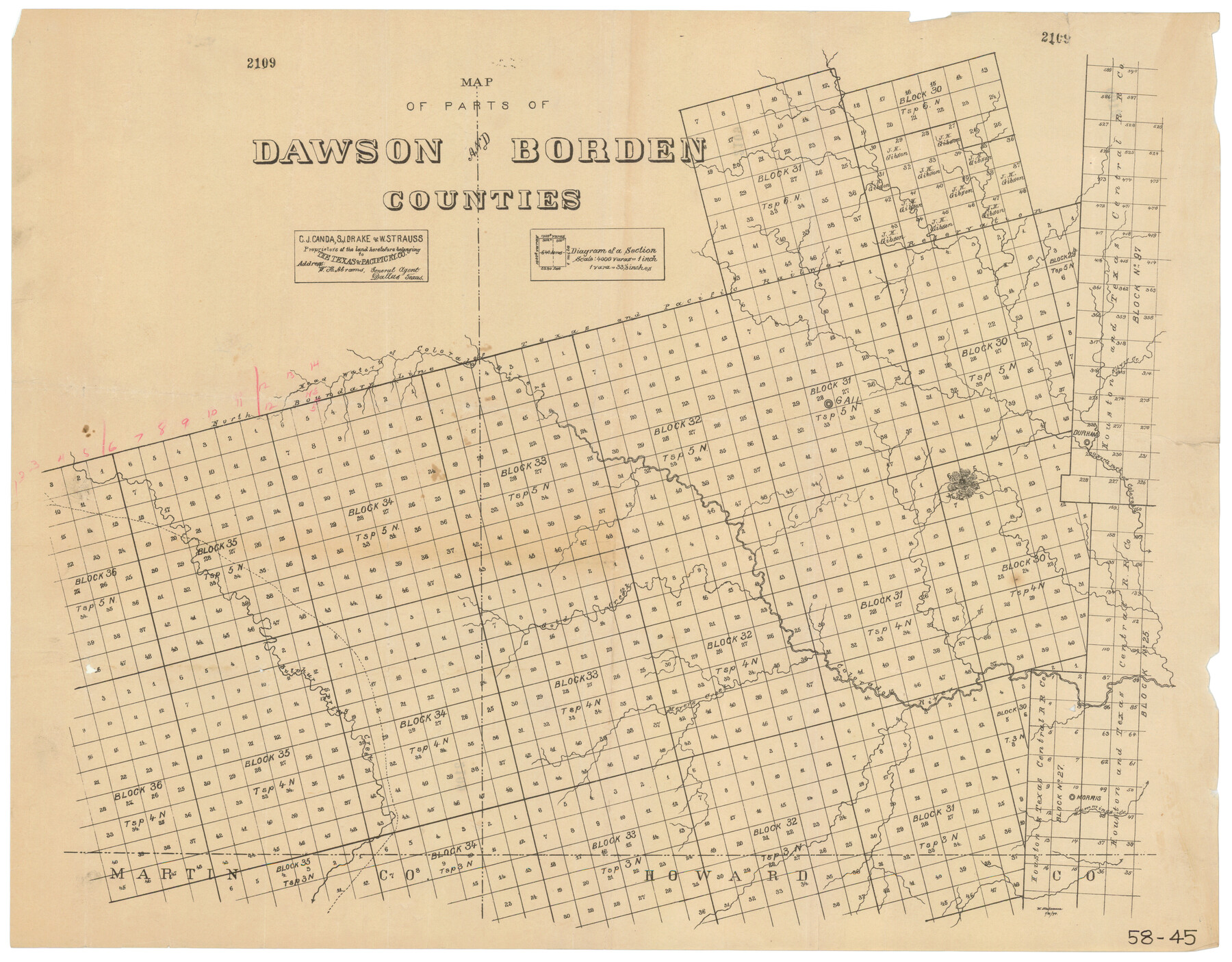 90627, Map of Parts of Dawson and Borden Counties, Twichell Survey Records