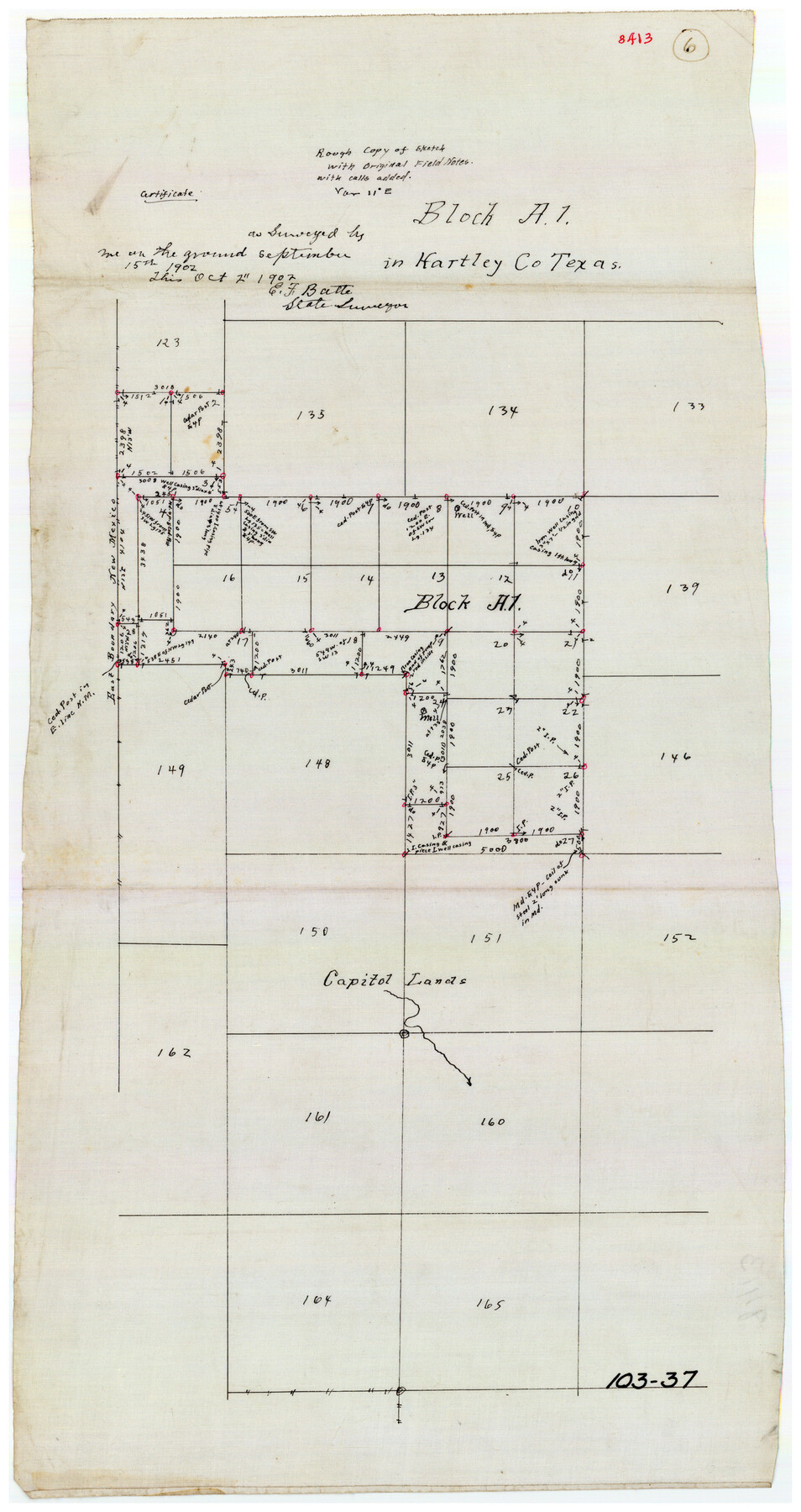 90762, [Sketch of Block A1 in Hartley County], Twichell Survey Records