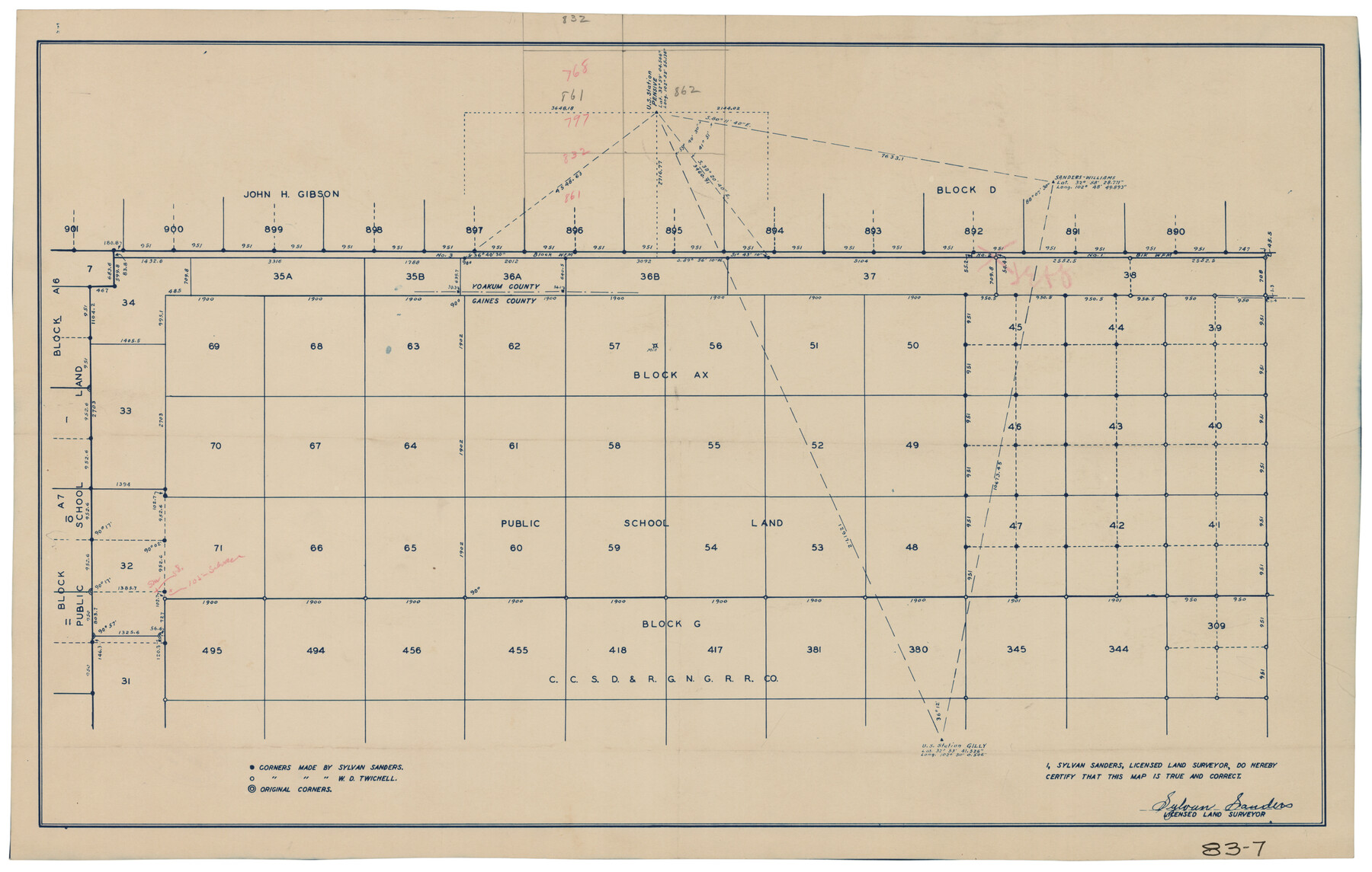 90838, [Sketch showing PSL Block AX and C. C. S. D. & R. G. N. G. RR. Co. Block G], Twichell Survey Records