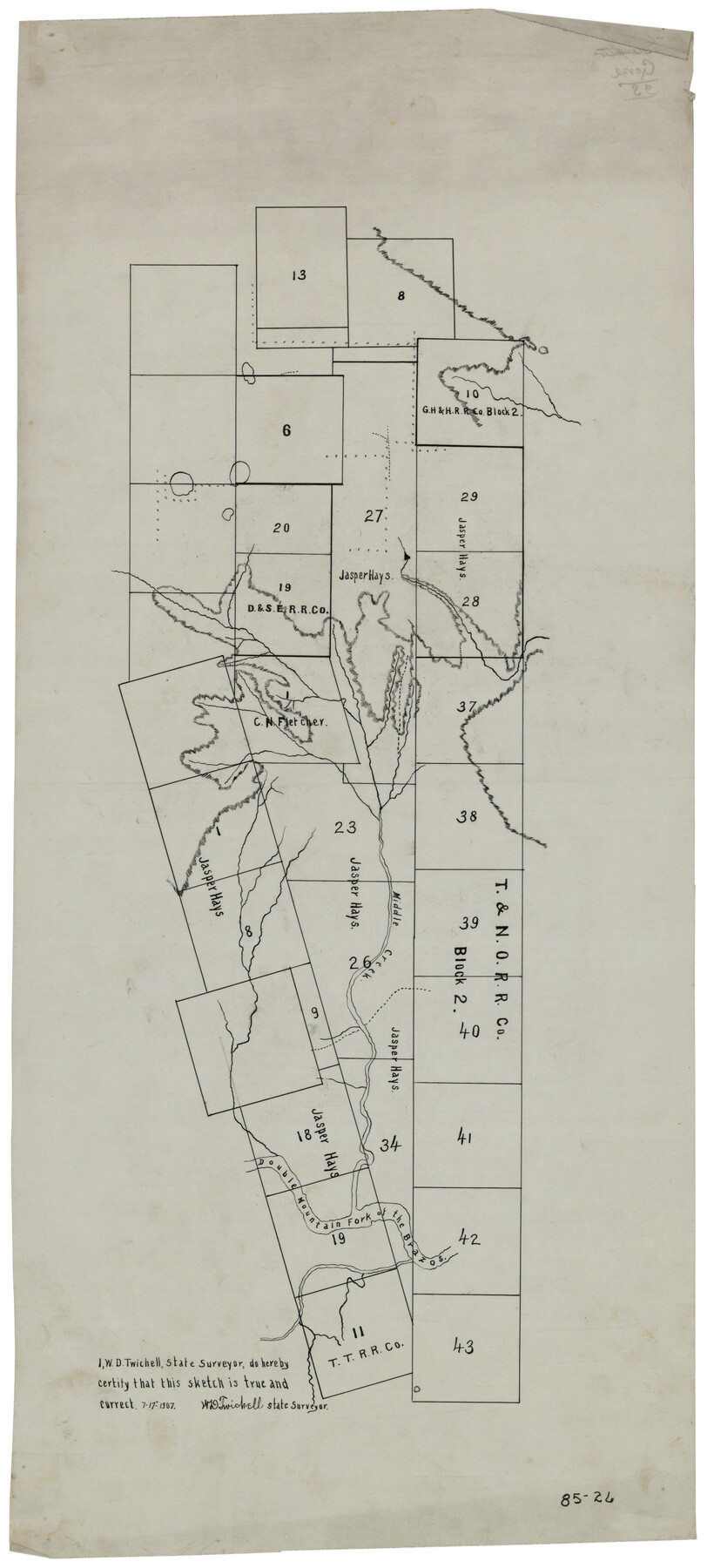 90850, [Part of T. & N. O. RR. Co Block 2 and area around Jasper Hays survey], Twichell Survey Records