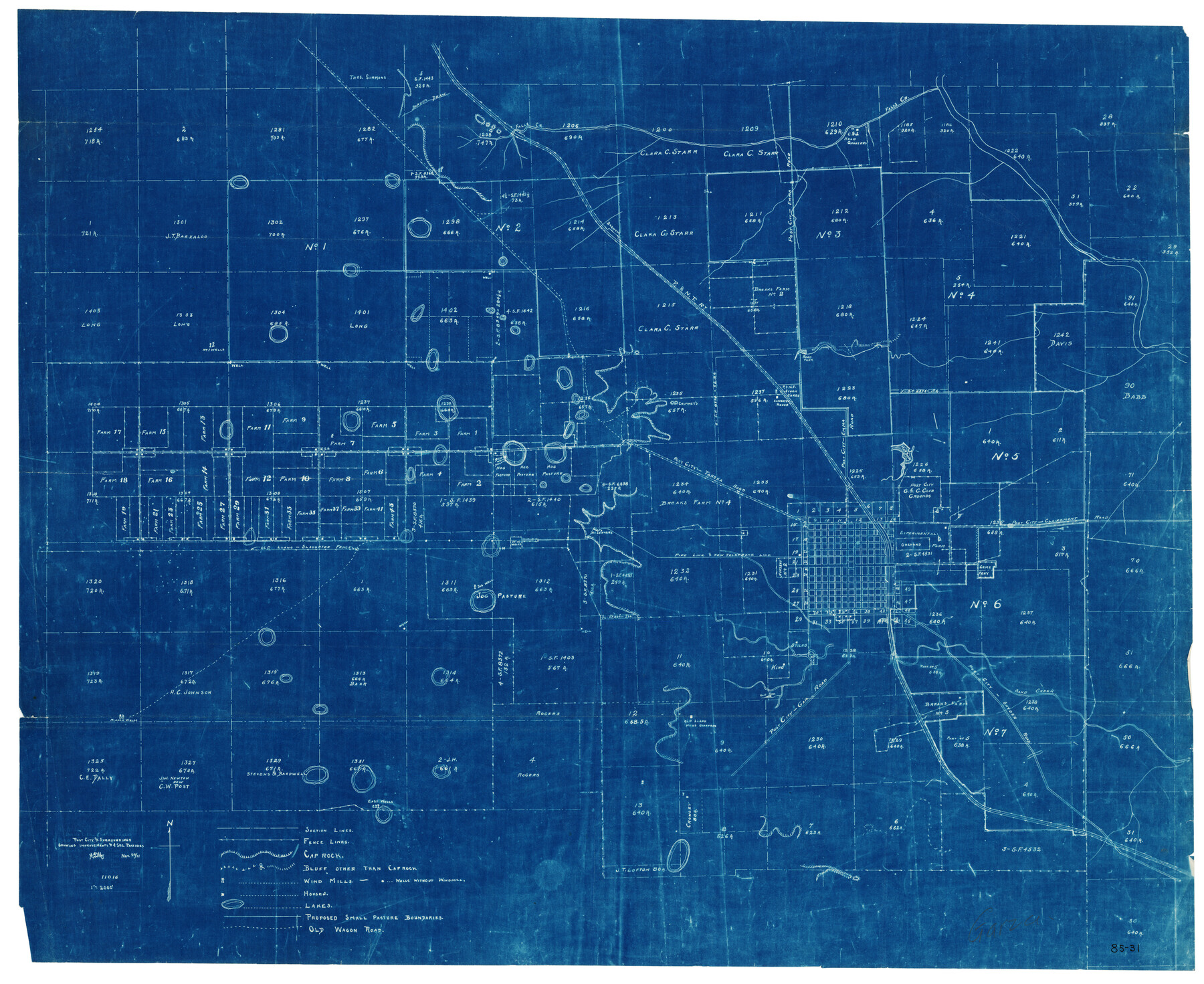 90858, Post City and Surroundings Showing Improvements and 4 Sec. Pastures, Twichell Survey Records