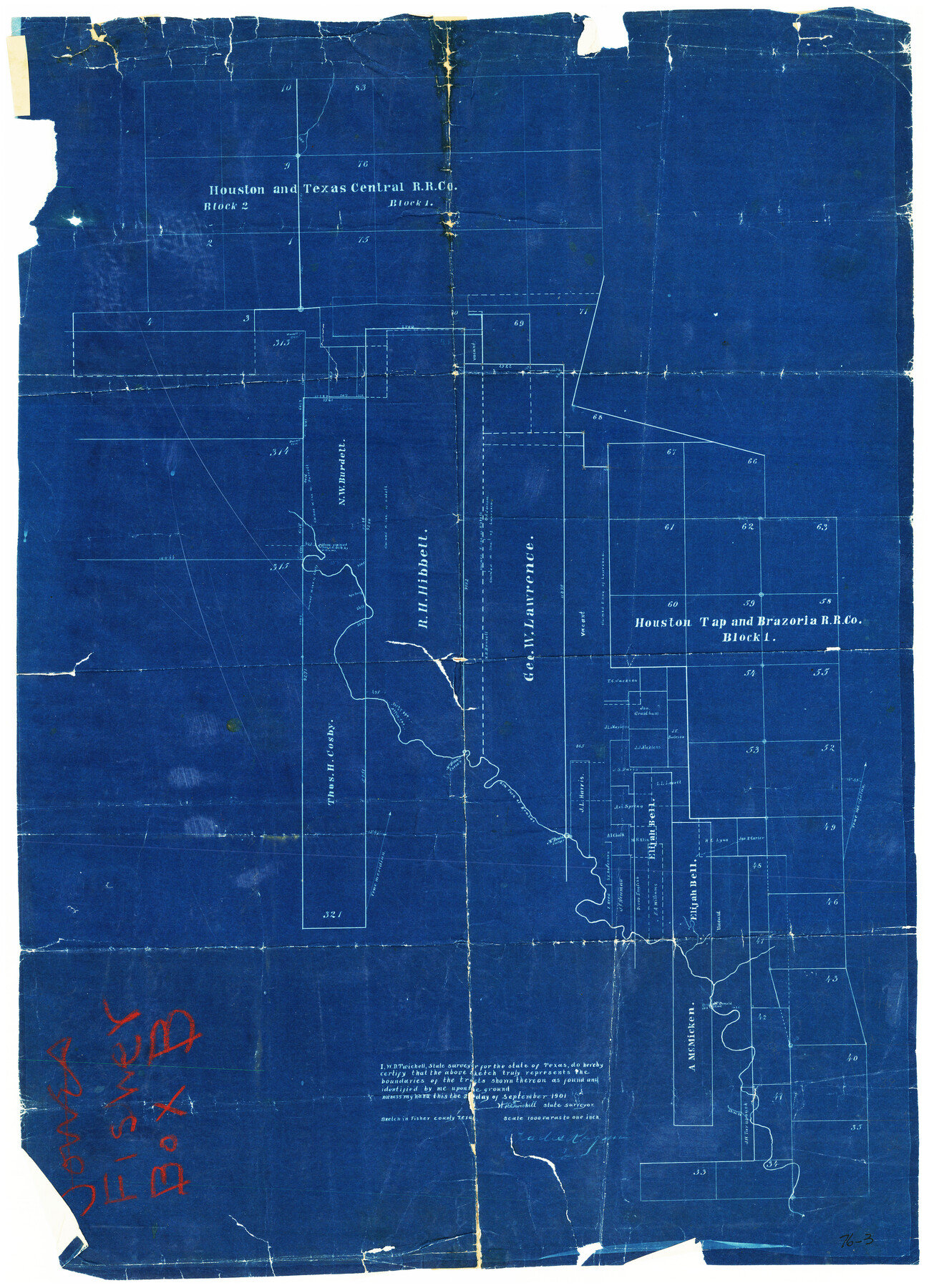 90861, [Area around R. H. Hibbett and Geo. W. Lawrence surveys on Elm Fork of the Brazos River], Twichell Survey Records