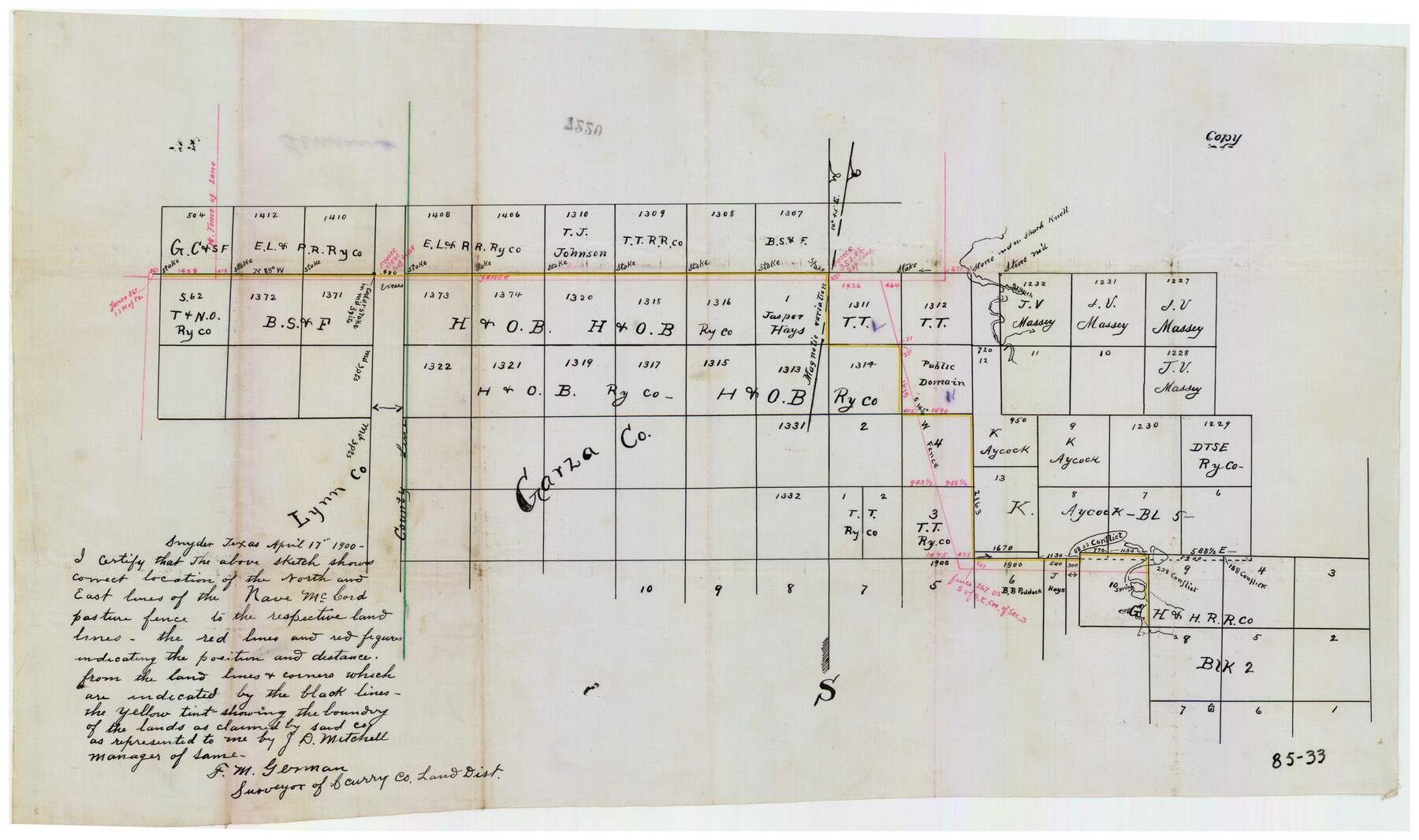 90896, [Sketch showing correct location of the North and East lines of the Nave McCord pasture fence], Twichell Survey Records